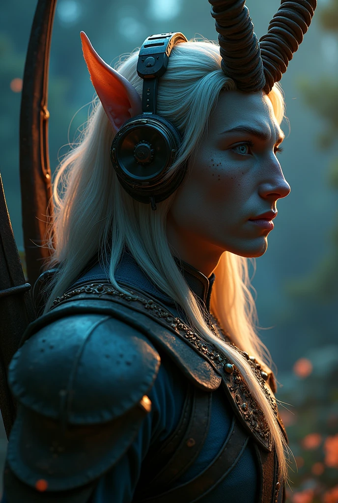 masterpiece, highest quality, beautifully, 1man as a centaur elf(full body), extremely detailed face and eyes, detailed full body, detailed hair, detailed legendary archer outfit, headphones, (low angle camera), night, colorful, cinematic lighting, photorealistic, 8k, hyper detailed, intricate details, (best quality), (realistic), (masterpiece)