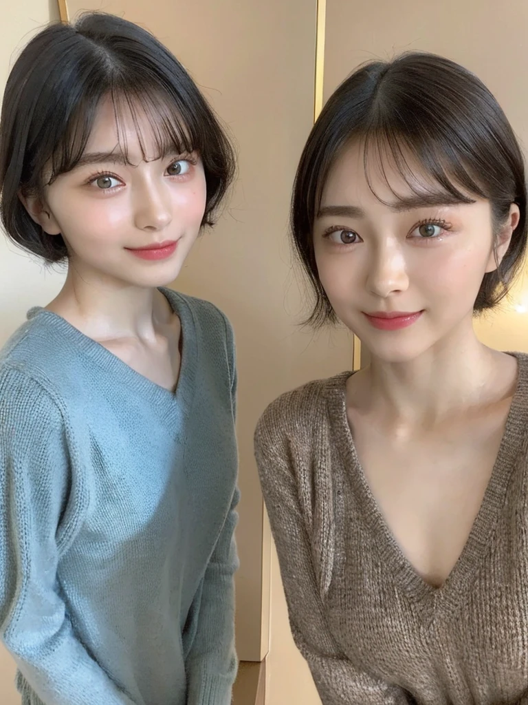 (masterpiece:1.3), (8k, Photoreal, Raw photo, best image quality: 1.4), Japanese high school girl、(random hairstyle:1.2)、cleavage:1.5、super detail face、eye for details、double eyelid、chest to chest、sharp focus:1.2、Beautiful woman:1.4、light brown hair、highest quality、masterpiece、超A high resolution、(Photoreal:1.4)、Highly detailed and professionally lit smiles、loose and light knitwear、shoulder out、thin、serious expression、short haired、deadly position
similar identical twins
All the girls have the exact same face, The two have the same face and figure, as if they were mirror images.