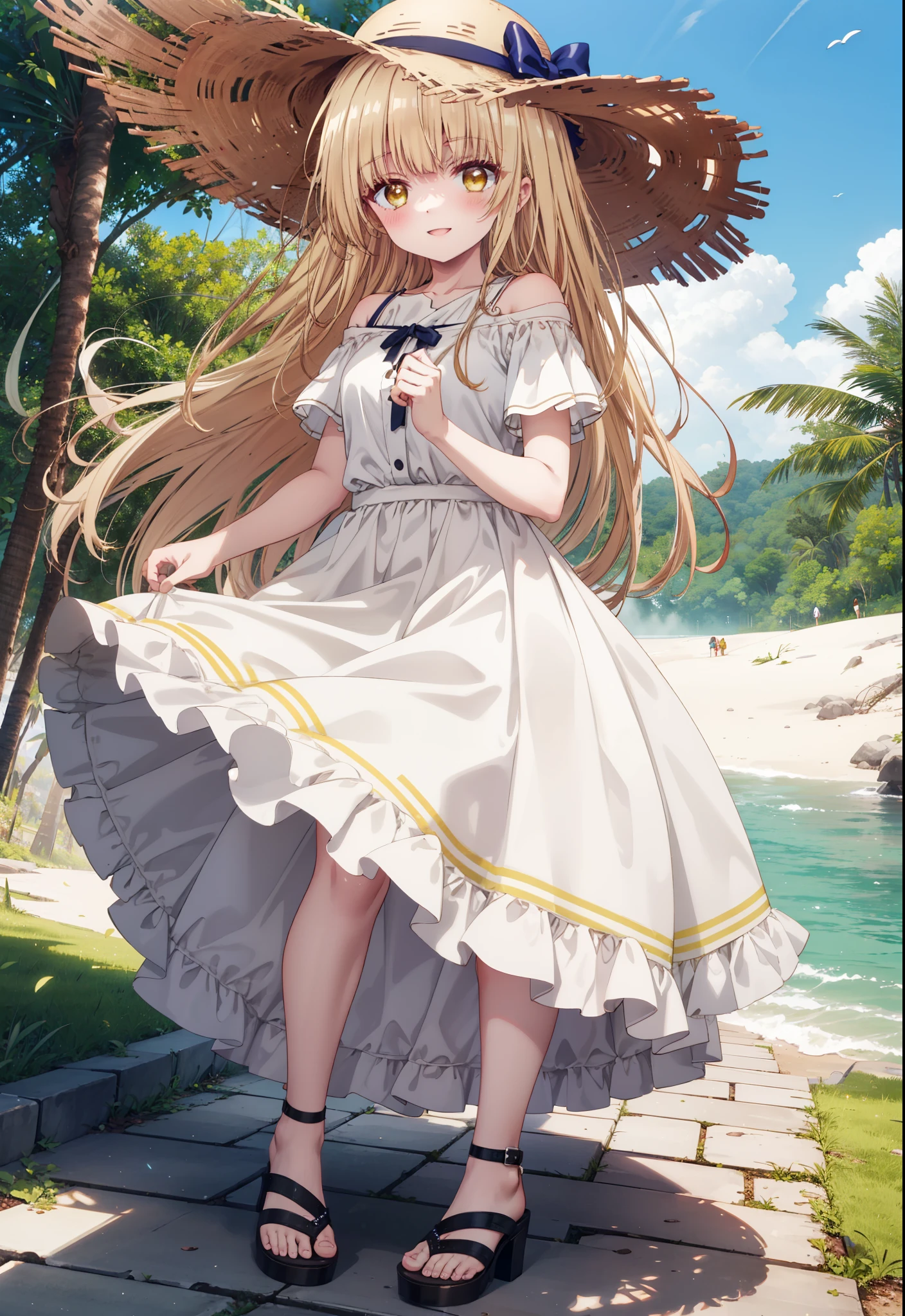 mahirushiina, mahiru shiina, Long Hair, bangs, Blonde, Brown Hair, (Yellow Eyes:1.3),happy smile, smile, Open your mouth,blush, Straw hat,smile,Cold Shoulder Shirt,Short sleeve,Long skirt,Cute heeled sandals,True Summer,Clear skies,Daytime,Palm tree,Hair is fluttering in the wind,whole bodyがイラストに入るように,
break outdoors, tropical,In town,Coastal Road,
break looking at viewer, whole body,
break (masterpiece:1.2), Highest quality, High resolution, unity 8k wallpaper, (figure:0.8), (Beautiful attention to detail:1.6), Highly detailed face, Perfect lighting, Highly detailed CG, (Perfect hands, Perfect Anatomy),