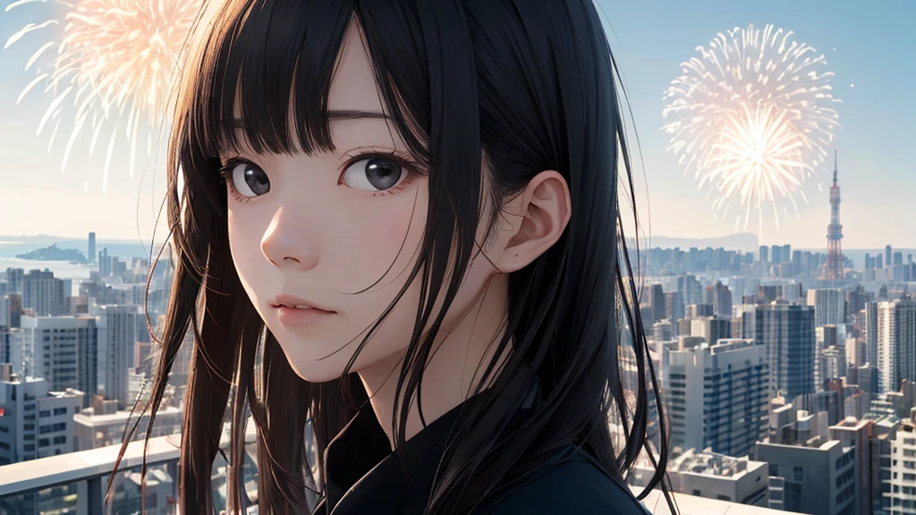 Shiraishi Mei, Looks exactly like Shiraishi Mei、Time is night、From a high-rise apartment room、Tokyo Tower in the background、Big fireworks、Oceanの方を向いている後ろ姿、Woman looking up at the sky ,Long Hair, Black Hair,, Photo from the side, Realistic, Highest quality, Detailed face, Strong sunlight, Ocean, Embankment, Detailed Background, Diffused sunlight, Written boundary depth, Bokeh (Highest quality: 1.2), (masterpiece: 1.2), Watch Viewer, one piece, White Theme, ,Vision、(((Panorama:1.2)))