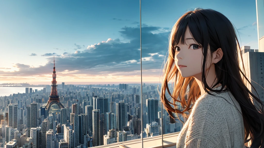 Shiraishi Mei, Looks exactly like Shiraishi Mei、Time is night、From a high-rise apartment room、Tokyo Tower in the background、Big fireworks、Oceanの方を向いている後ろ姿、Woman looking up at the sky ,Long Hair,  Black Hair,, Photo from the side, Realistic, Highest quality, Detailed face, Strong sunlight, Ocean, Embankment, Detailed Background, Diffused sunlight, Written boundary depth, Bokeh (Highest quality: 1.2), (masterpiece: 1.2), Watch Viewer, one piece, White Theme, ,Vision、(((Panorama:1.2)))
