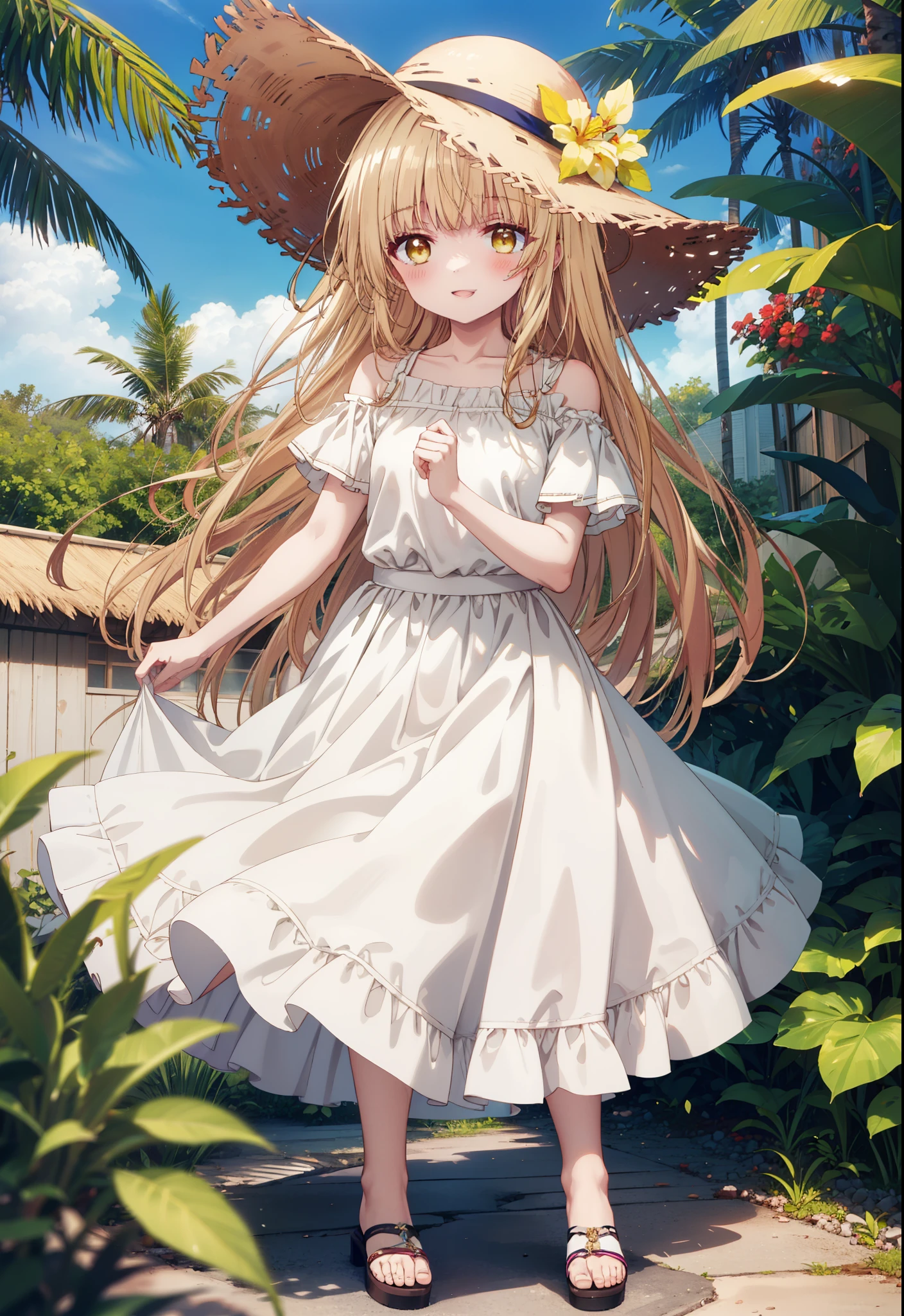 mahirushiina, mahiru shiina, Long Hair, bangs, Blonde, Brown Hair, (Yellow Eyes:1.3),happy smile, smile, Open your mouth,blush, Straw hat,smile,Cold Shoulder Shirt,Short sleeve,Long skirt,Cute heeled sandals,True Summer,Clear skies,Daytime,Palm tree,Hair is fluttering in the wind,whole bodyがイラストに入るように,
break outdoors, tropical,In town,Coastal Road,
break looking at viewer, whole body,
break (masterpiece:1.2), Highest quality, High resolution, unity 8k wallpaper, (figure:0.8), (Beautiful attention to detail:1.6), Highly detailed face, Perfect lighting, Highly detailed CG, (Perfect hands, Perfect Anatomy),