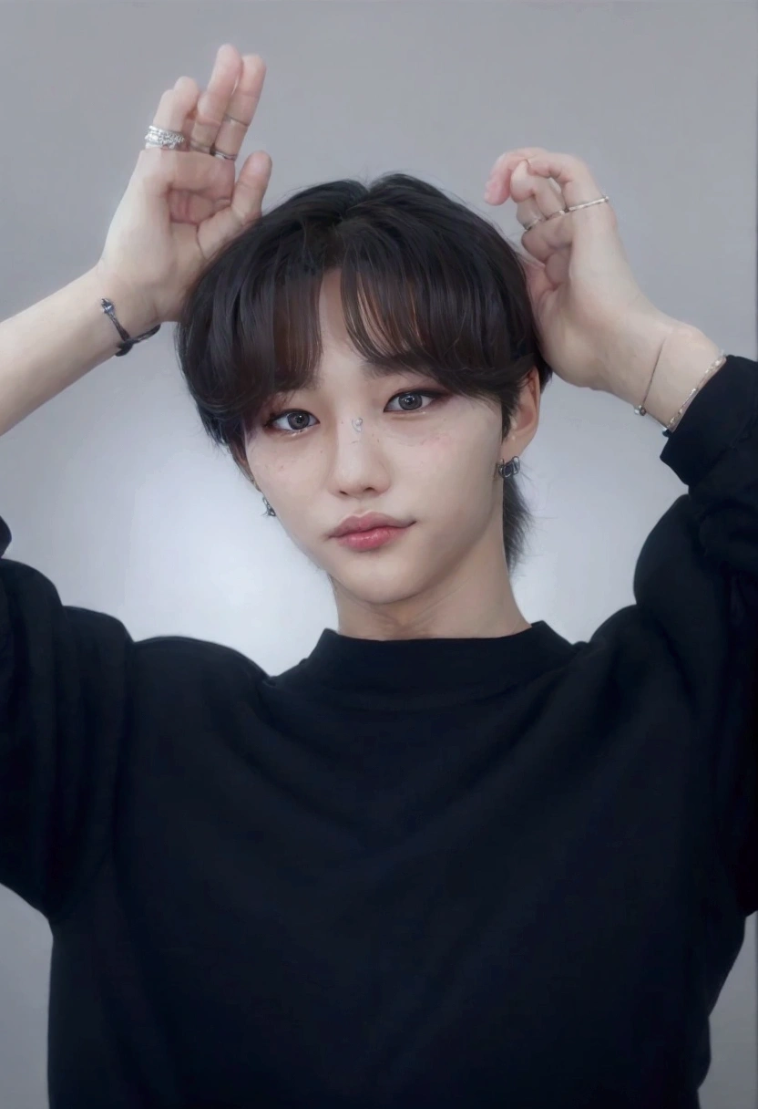 Face change to Lora, a close up of a person with a black shirt and a hand on their head, lee felix, male ulzzang, wan adorable korean face, felix stray kids face swap