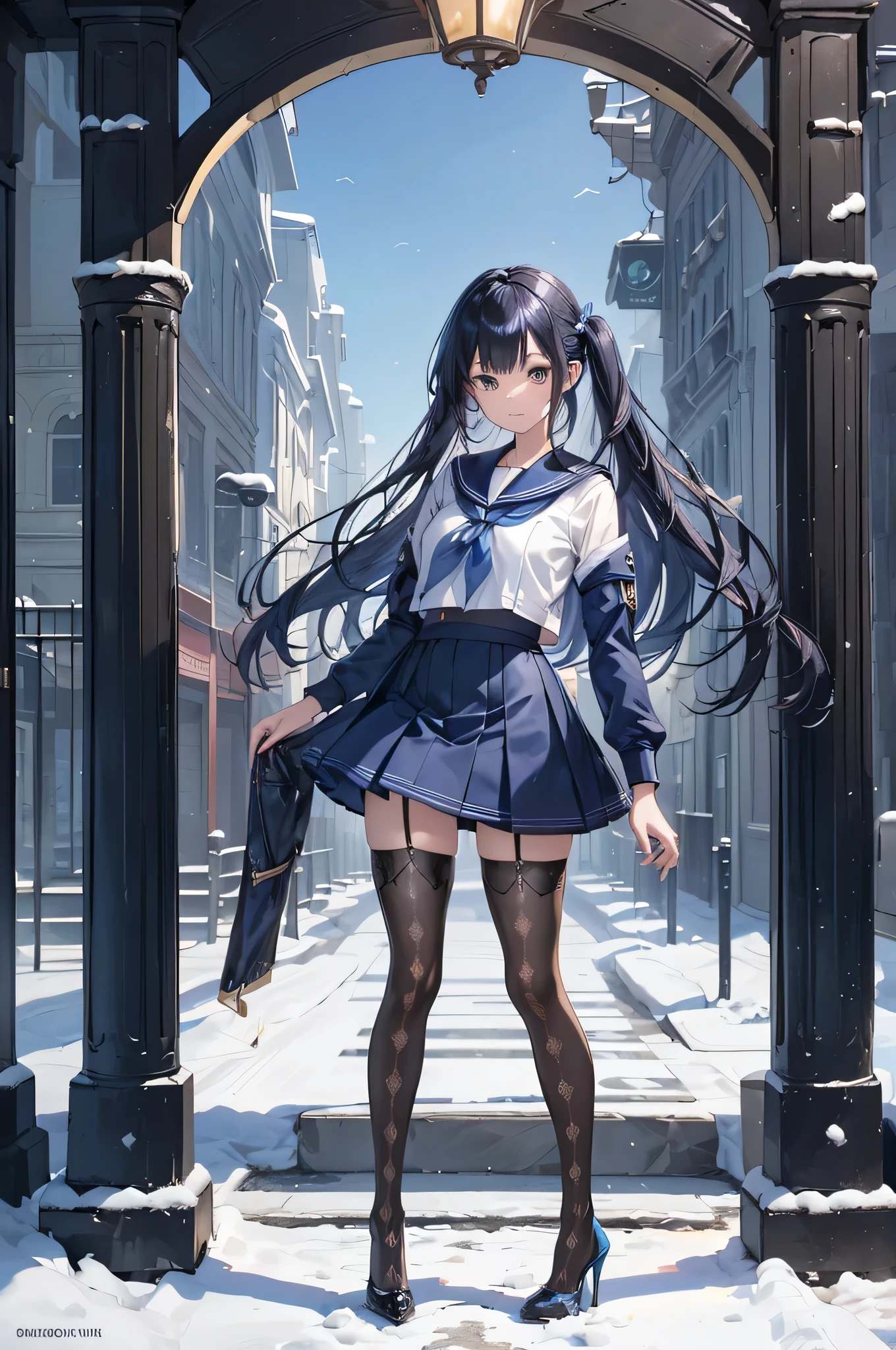 ((Biologically correct limb count)),(( From head to toe,Full-body photo including face)),4K,((Standing position)),masterpiece,((Focus on the face)),((Symmetrical facial features)),Eyes with detailed description,Beautiful woman,Great style,Beautiful arms,Beautiful legs,Beautiful Hands,(Small Ass,Thin thighs),Facial detailing,Small earrings,necklace,(Sailor suit,mini skirt((High heels,Patterned stockings))),((Meeting at the school gate)),Silk gloves,(((Blue black hair))),Realistic photo