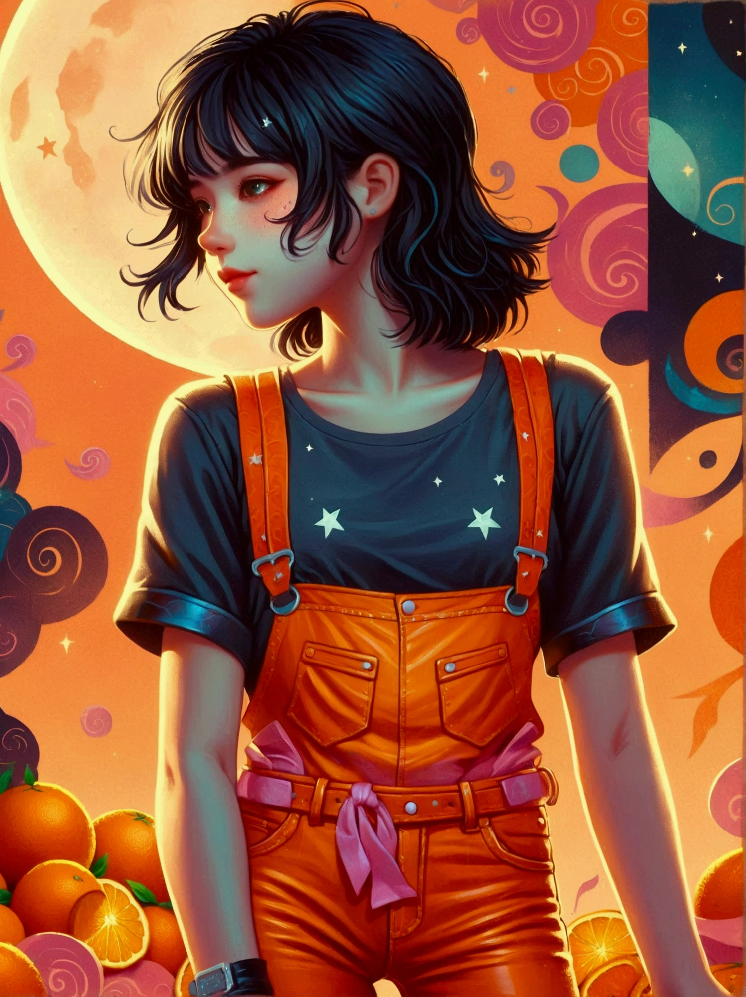 (A cute girl wearing a pink suspender),(orange jeans:1.5),(Black leather shoes:1.9),front,(((whole body:1.6))),Cartoon illustration,Created by Ms. Becca Doodlefly,Style: grunge rock beauty,sandara tang,Mixed Patterns,letter,Charming Character Illustrations,Folklore,dream,mystery,beauty,Aesthetic,Mainly realistic traditional style,The painting style is meticulous,Refreshing colors,HD,(8k,bright颜色,bright,Ultra high saturation,rgb, rich and colorful), cartoon,role conception,Surreal photos,dream花园,Aesthetic治愈,moon,Star,Aesthetic诗意,minimalist flat illustration