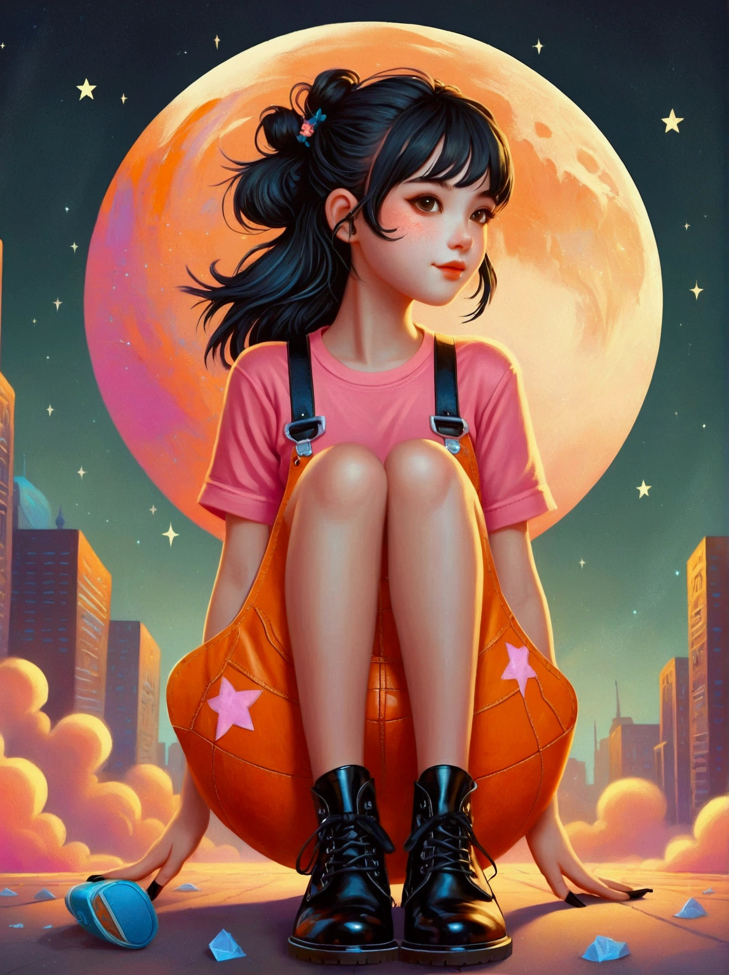 (A cute girl wearing a pink suspender)，(orange jeans:1.5)，(Black leather shoes:1.9)，front，(((whole body:1.6)))，Cartoon illustration，Created by Ms. Becca Doodlefly，Style: grunge rock beauty，sandara tang，Mixed Patterns，letter，Charming Character Illustrations，Folklore，dream，mystery，beauty，Aesthetic，Mainly realistic traditional style，The painting style is meticulous，Refreshing colors，HD，(8k，bright颜色，bright，Ultra high saturation，rgb, rich and colorful), cartoon，role conception，Surreal photos，dream花园，Aesthetic治愈，moon，Star，Aesthetic诗意，minimalist flat illustration