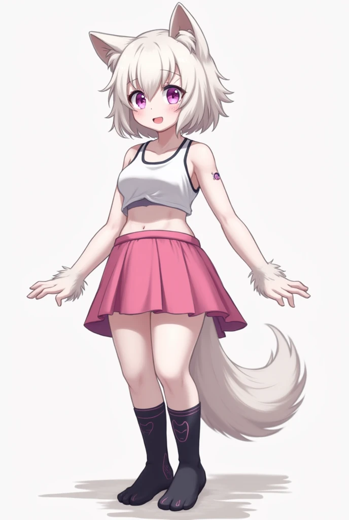 a female furry with white fur with black socks with purple lines and with a pink skirt with a white top showing a bit of her underwear and her hair with wold cut to the shoulders