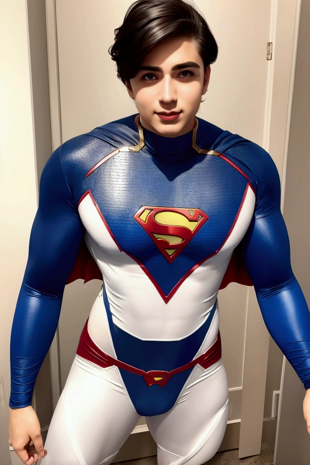 Beautiful boy, superhero costume, captured by tall beauty