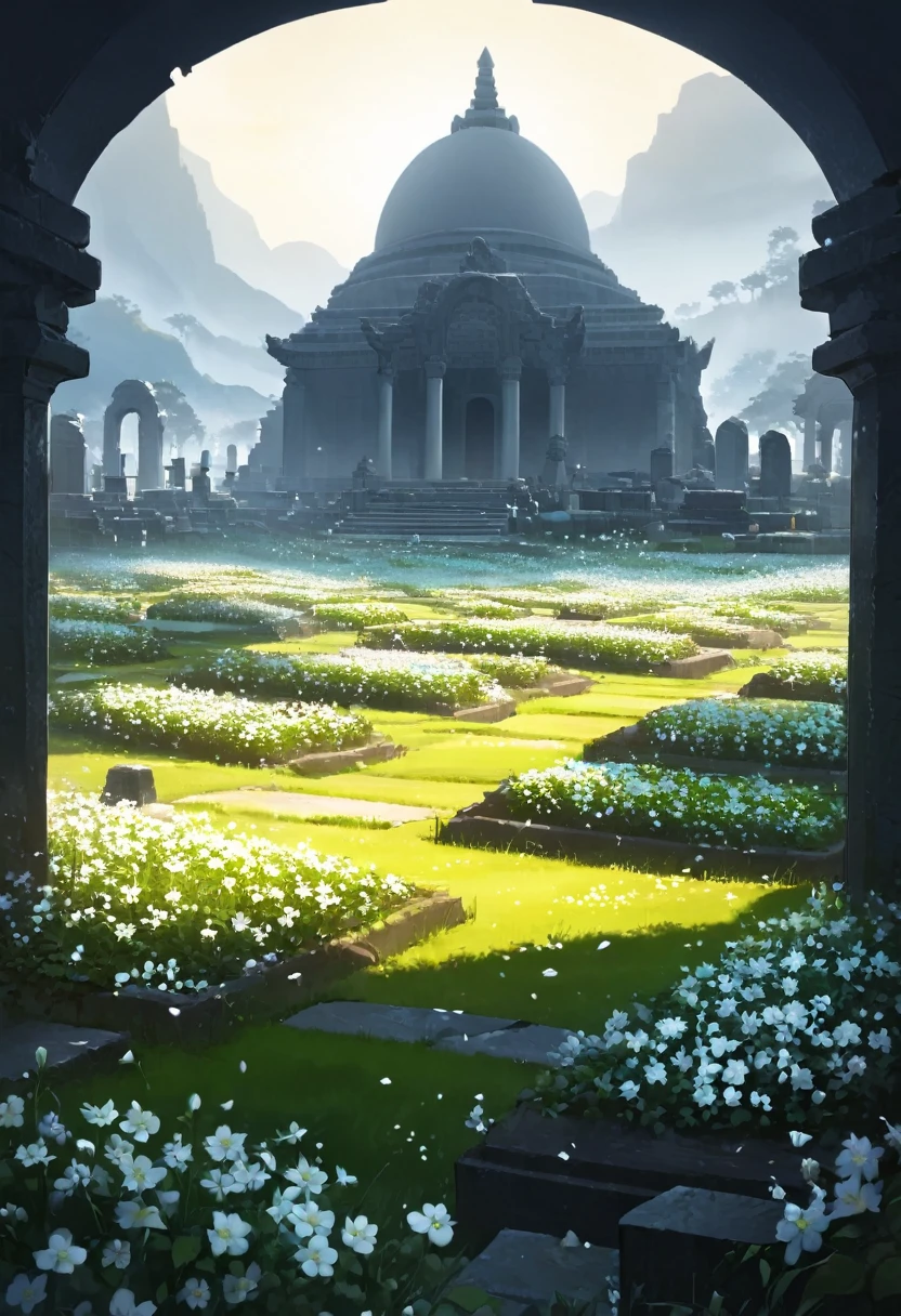 field of white flowers, flower cemetery, sacred temple garden, stunning landscape, (dreamy landscape), lighting sun, ruins, tombs