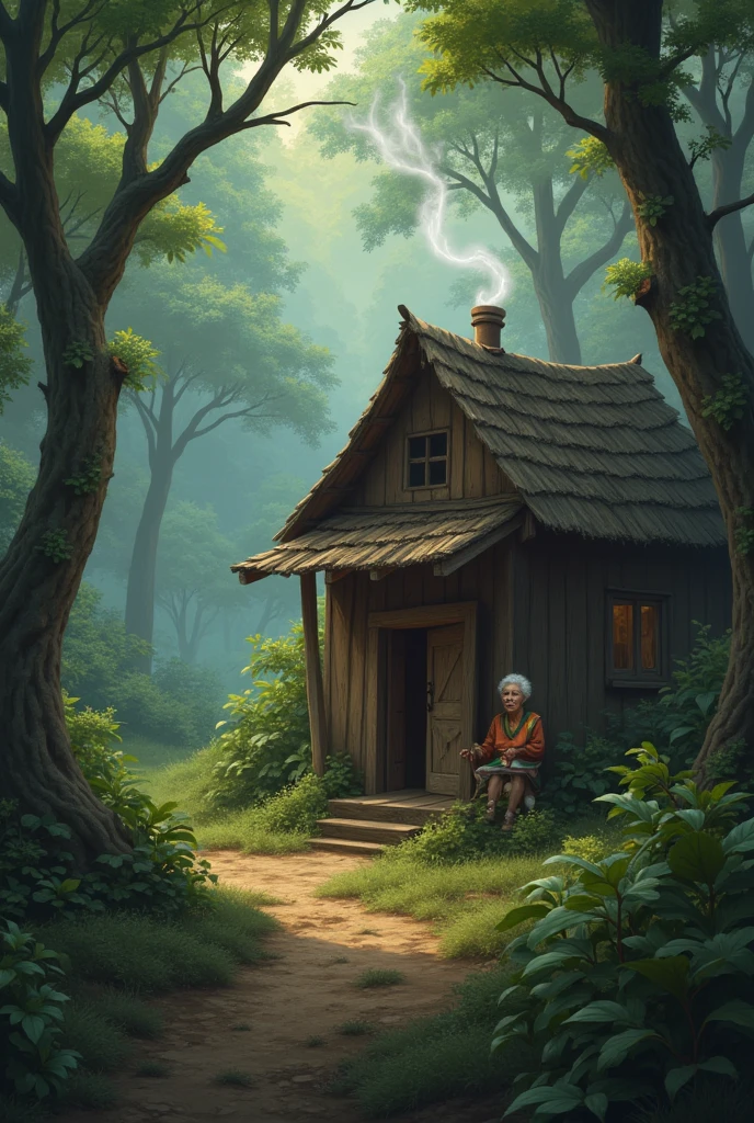 A old grandmother kive in small village alone near by big jungle in small wood house alone