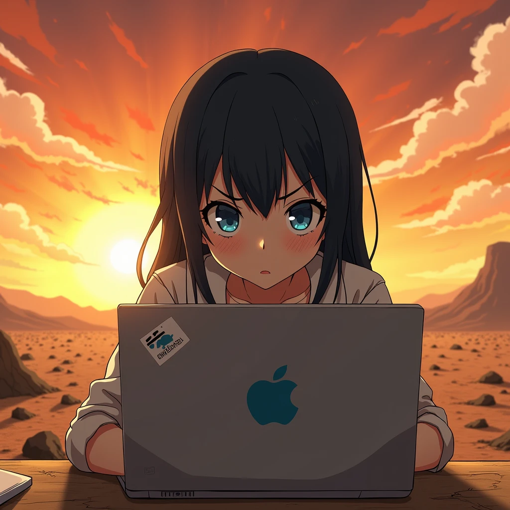 an anime girl with blue eyes and black hair is trying to work on her PC, but it's too hot because of the climate change! The girl is somewhere on a deserted landscape! There is a super hot sun, and the laptop brand logo is the logo of GNOME desktop