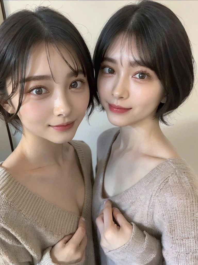 (masterpiece:1.3), (8k, Photoreal, Raw photo, best image quality: 1.4), Japanese high school girl、(random hairstyle:1.2)、cleavage:1.5、super detail face、eye for details、double eyelid、chest to chest、sharp focus:1.2、Beautiful woman:1.4、light brown hair、highest quality、masterpiece、超A high resolution、(Photoreal:1.4)、Highly detailed and professionally lit smiles、loose and light knitwear、shoulder out、thin、serious expression、short haired、deadly position
similar identical twins
All the girls have the exact same face, The two have the same face and figure, as if they were mirror images.