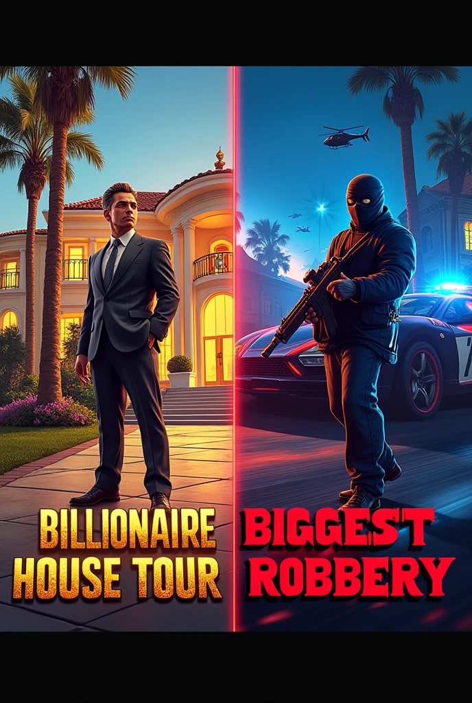 For a GTA 5 thumbnail featuring both a "Billionaire House Tour" and the "Biggest Highest Bank Robbery," here's a suggestion:

### Thumbnail Design:

**1. Split Layout:**
   - **Left Side (Billionaire House Tour):**
     - A luxurious mansion with a grand entrance, luxury cars parked outside, and palm trees in the background.
     - A GTA character dressed in a high-end suit standing in front of the mansion, showcasing the wealth.
   - **Right Side (Biggest Bank Robbery):**
     - A chaotic bank robbery scene with masked characters holding weapons, bags of cash, and a vault being blown open.
     - Police cars and helicopters in pursuit in the background.

**2. Text:**
   - On the top, use bold, attention-grabbing text: 
     - **“Billionaire House Tour”** on the left side in a gold, luxurious font.
     - **“Biggest Bank Robbery”** on the right side in a red, intense font to indicate danger.

**3. Colors:**
   - Use a mix of golds and blues for the house tour side, while using dark reds, blacks, and blues for the robbery side to create contrast.

**4. Overlay:**
   - Add a subtle gradient or glow effect to the text and important elements to make them stand out.

### Style:
- The style should be vibrant and sharp, typical of YouTube gaming thumbnails, with exaggerated elements to catch the viewer’s eye quickly.

This combination will visually communicate the excitement of both a luxurious tour and a thrilling heist, enticing viewers to click on your video.