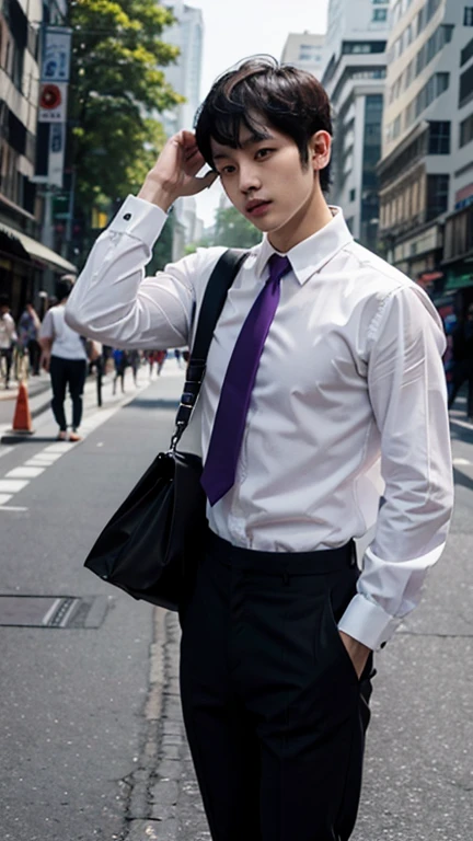 solo , 1man , thai man walking , white shirt with collar , purple necktie , black Long pants , Full body photo , hand on head , man Short Hair