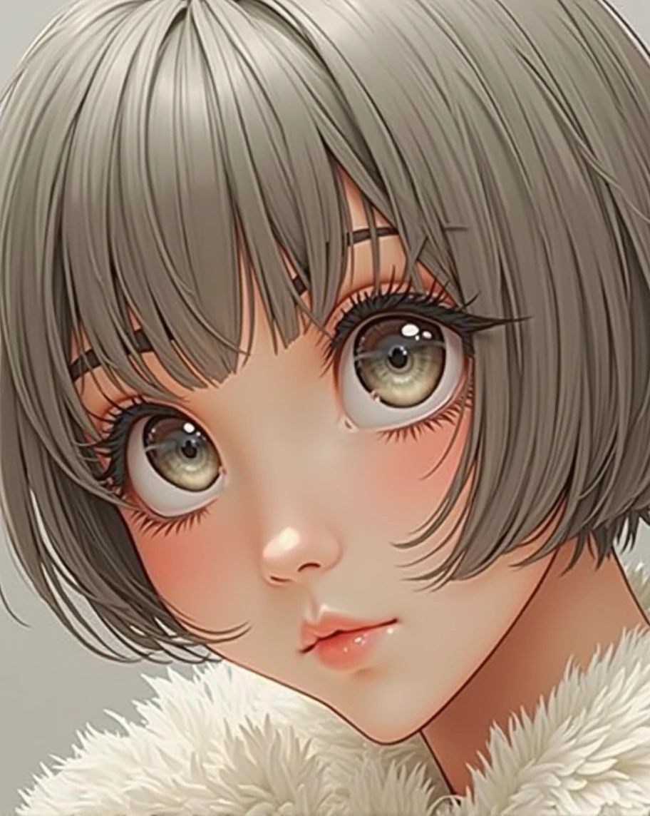 (RAW photo, best quality, masterpiece: 1.2), (photorealistic: 1.4), best lighting, 20 years old, (detail face, detail eyes, light gray eyes, light gray hair, short straight bob cut, Symmetrical eyes :1.3)