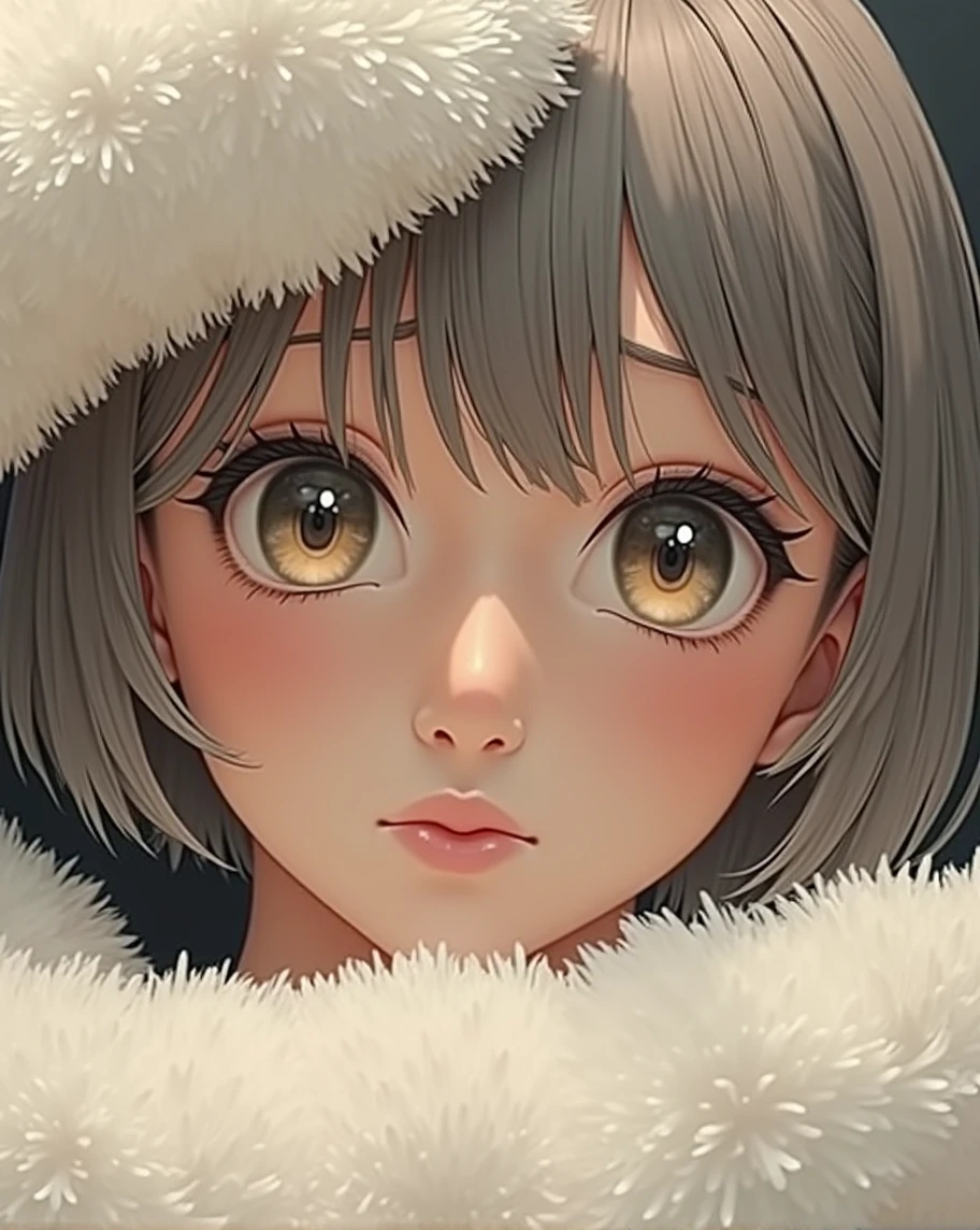 (RAW photo, best quality, masterpiece: 1.2), (photorealistic: 1.4), best lighting, 20 years old, (detail face, detail eyes, light gray eyes, light gray hair, short straight bob cut, Symmetrical eyes :1.3)