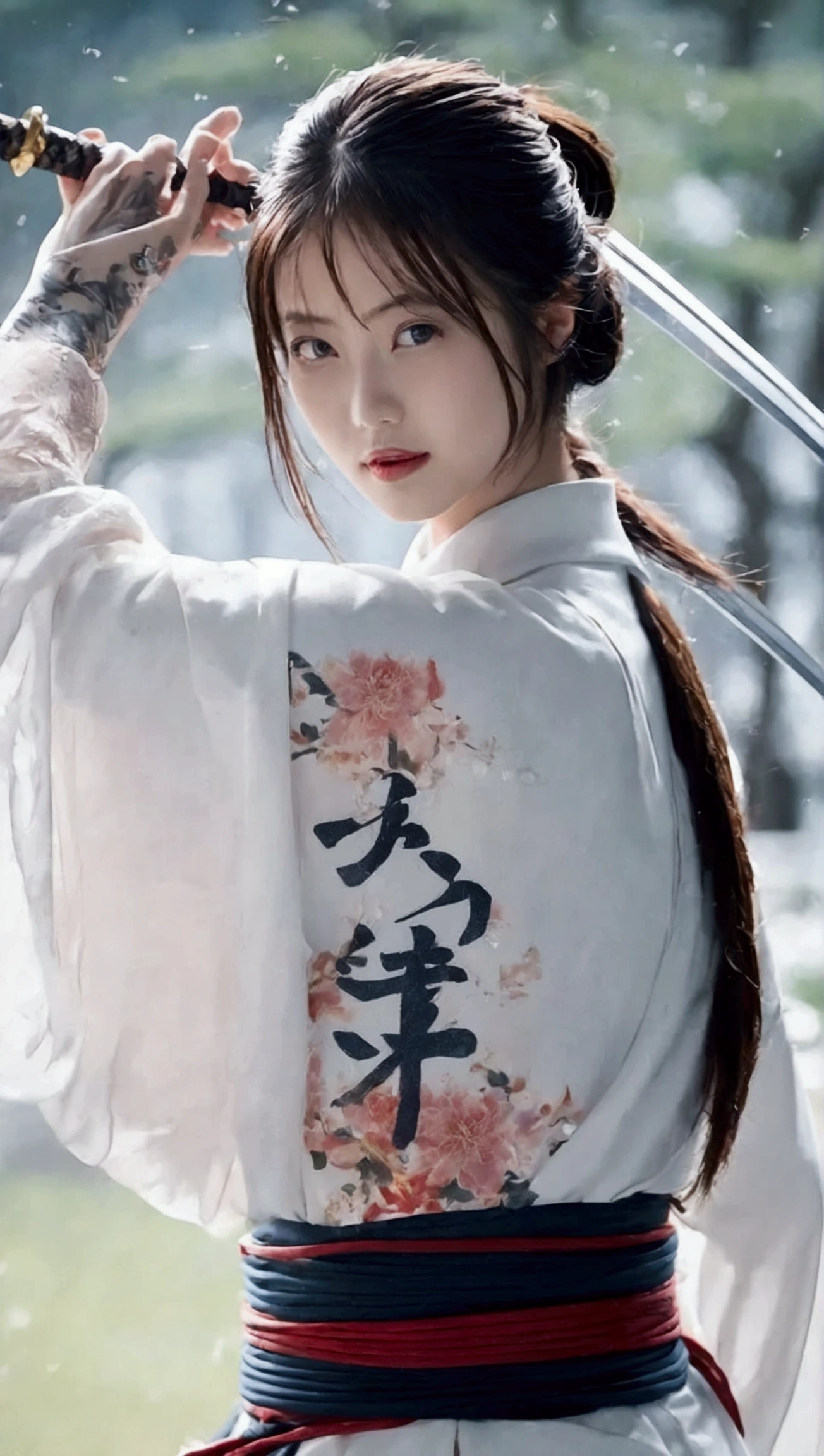 (Japanese sword &reference;Muramasa 2&reference;.2)Beautiful 27 year old woman、Japanese women、Tie your hair back、Hair ornament artist、Shinobi Costume、Warrior、Clear Eyes、{Arm tattoo(SakuraFubuki}'Back Tattoo、Warrior、(Japanese swordを両手で構える、1.3)(Japanese sword1.2)Intermediate position、In front of the body、(Sword held horizontally 1.3)、whole body、Long Blade Sword、Realistic battle scenes、敵Warriorの返りBlood、Blood、High resolution、Highest quality、Very detailed、8k、background、The castle is burning、Sparks fly、