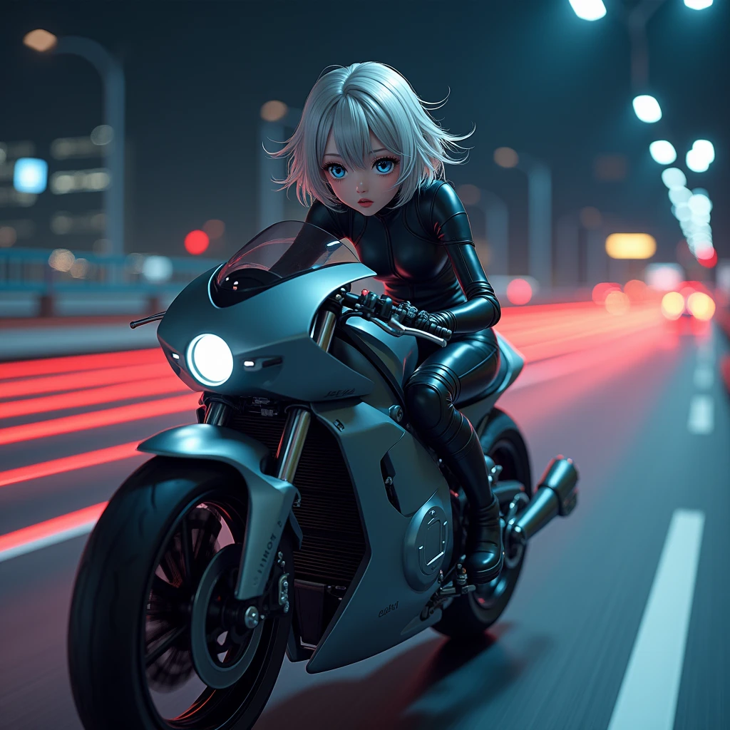 (8k, Photorealistic: 1.1, Raw photo, Highest quality: 1.4),Japanese idol-style beautiful girl,1 person,18-year-old,(Short Bob),(Silver Hair),(Blowing in the wind: 1.1),Clear grey eyes,Long eyelashes,(piercings(small)),Rider Suit(one piece),boots,(The future of large motorcycles(Akira)Riding),(Hang-On((Covering the fuel tank and leaning forward: 1.1),(She is crouching so that her head is hidden by the cowl.),(Left curve),(She dropped her hips to the left side of the seat and her weight was causing the car to lean to the left.))),Driving on the Metropolitan Expressway at night.Flowing red tail lights,(Full body snapshot)