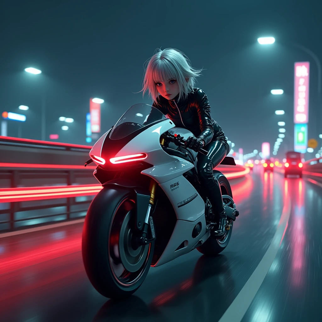 (8k, Photorealistic: 1.1, Raw photo, Highest quality: 1.4),Japanese idol-style beautiful girl,1 person,18-year-old,(Short Bob),(Silver Hair),(Blowing in the wind: 1.1),Clear grey eyes,Long eyelashes,(piercings(small)),Rider Suit(one piece),boots,(The future of large motorcycles(Akira)Riding),(Hang-On((Covering the fuel tank and leaning forward: 1.1),(She is crouching so that her head is hidden by the cowl.),(Left curve),(She dropped her hips to the left side of the seat and her weight was causing the car to lean to the left.))),Driving on the Metropolitan Expressway at night.Flowing red tail lights,(Full body snapshot)