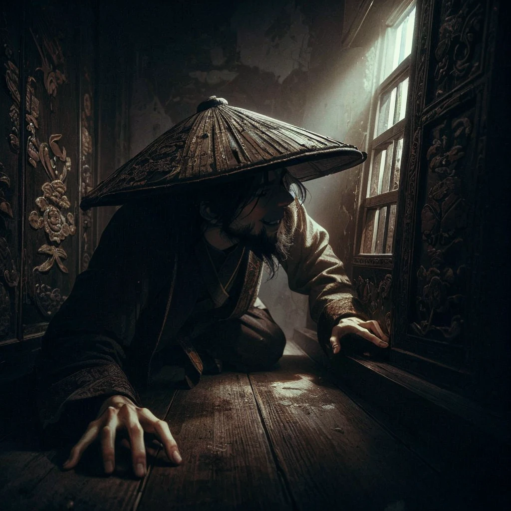(Best Quality:1.2), (high resolution:1.2), (beautiful face and eye:1.2), (sharpest focus:1.2), (Ultra-realistic Photo:1.2), (Ultra-precise Photo:1.2), (Depth of field:1.2), (perfect ???????:1.2), (nice hands:1.2), (perfect hands:1.2),
(dark attic:1.0), (35 years old:1.8), (very small man of dull commoner in Song Dynasty China:1.5), (crawling and peering down through peephole:1.5), (hunched over:1.0), (towel wrapped around head:1.0), (very light:1.0),
(lowly but somehow charming smile:1.5), (picking tools:1.0), (dark attic:1.0),