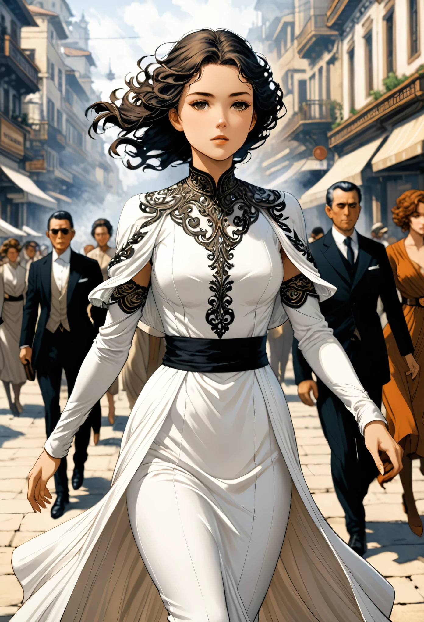 in style of Carlos Schwabe
1 girl,character concept design,elegant,gorgeous,white black,extreme details,{foreground blur, depth of field, background blur, dynamic blur:0.5},walking,hurry of action