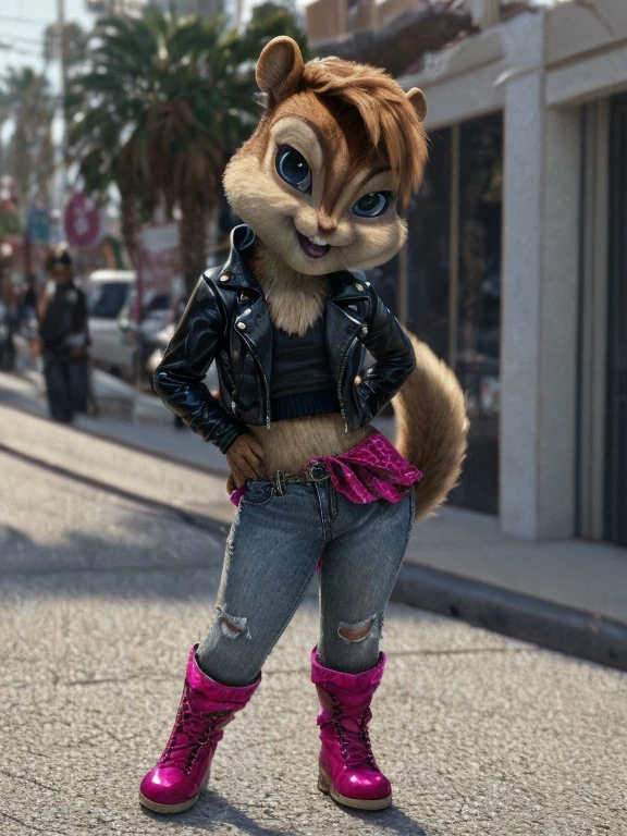 score_9, score_8_up, score_7, score_6, Hollywood Boulevard, brittany miller, chipmunk, furry, short ears, gangster top, black spiky leather jacket, pink skirt, jeans, pink boots, looking at viewer, 6 inches tall,