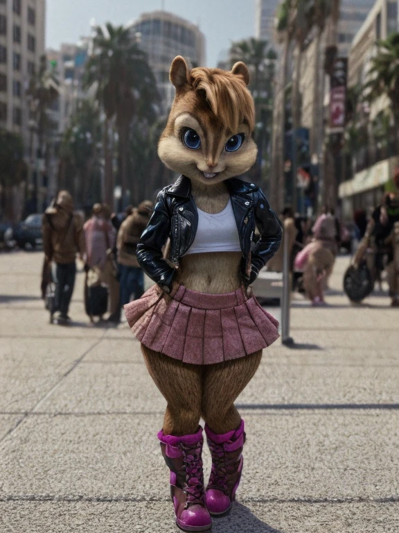 score_9, score_8_up, score_7, score_6, Hollywood Boulevard, brittany miller, chipmunk, furry, short ears, gangster top, black spiky leather jacket, pink skirt, jeans, pink boots, looking at viewer, 6 inches tall,