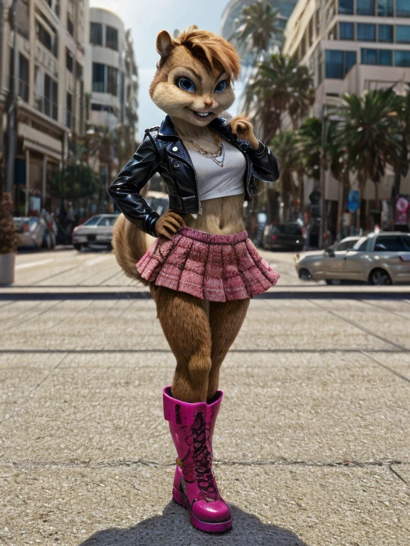 score_9, score_8_up, score_7, score_6, Hollywood Boulevard, brittany miller, chipmunk, furry, short ears, gangster top, black spiky leather jacket, pink skirt, jeans, pink boots, looking at viewer, 6 inches tall,