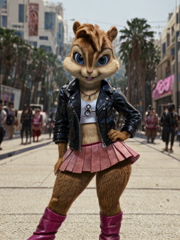 score_9, score_8_up, score_7, score_6, Hollywood Boulevard, brittany miller, chipmunk, furry, short ears, gangster top, black spiky leather jacket, pink skirt, jeans, pink boots, looking at viewer, 6 inches tall,