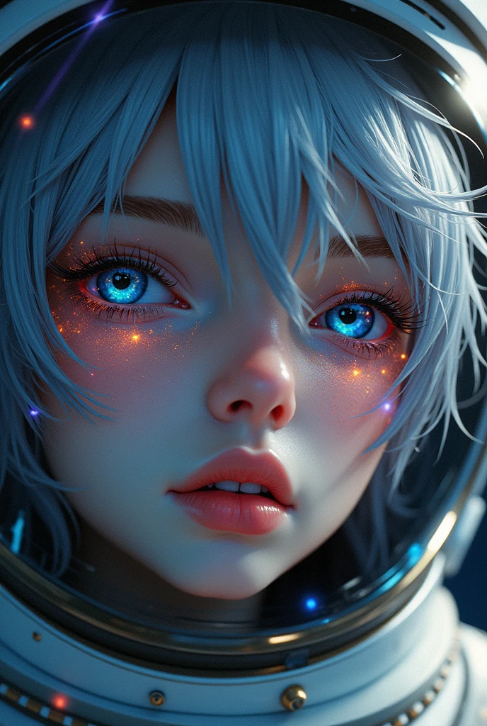 (Close-up of a better masterpiece:1.5)0.9], (Space and astronauts:1.2) (Messy silver hair:1.1) (Heterochromia xanthochromia and blue eyes:1.2) (Space Helmet:1.0) (Colored stars in the eyes:1.0) (A radiant glow:1.1) (thick lips:0.9)