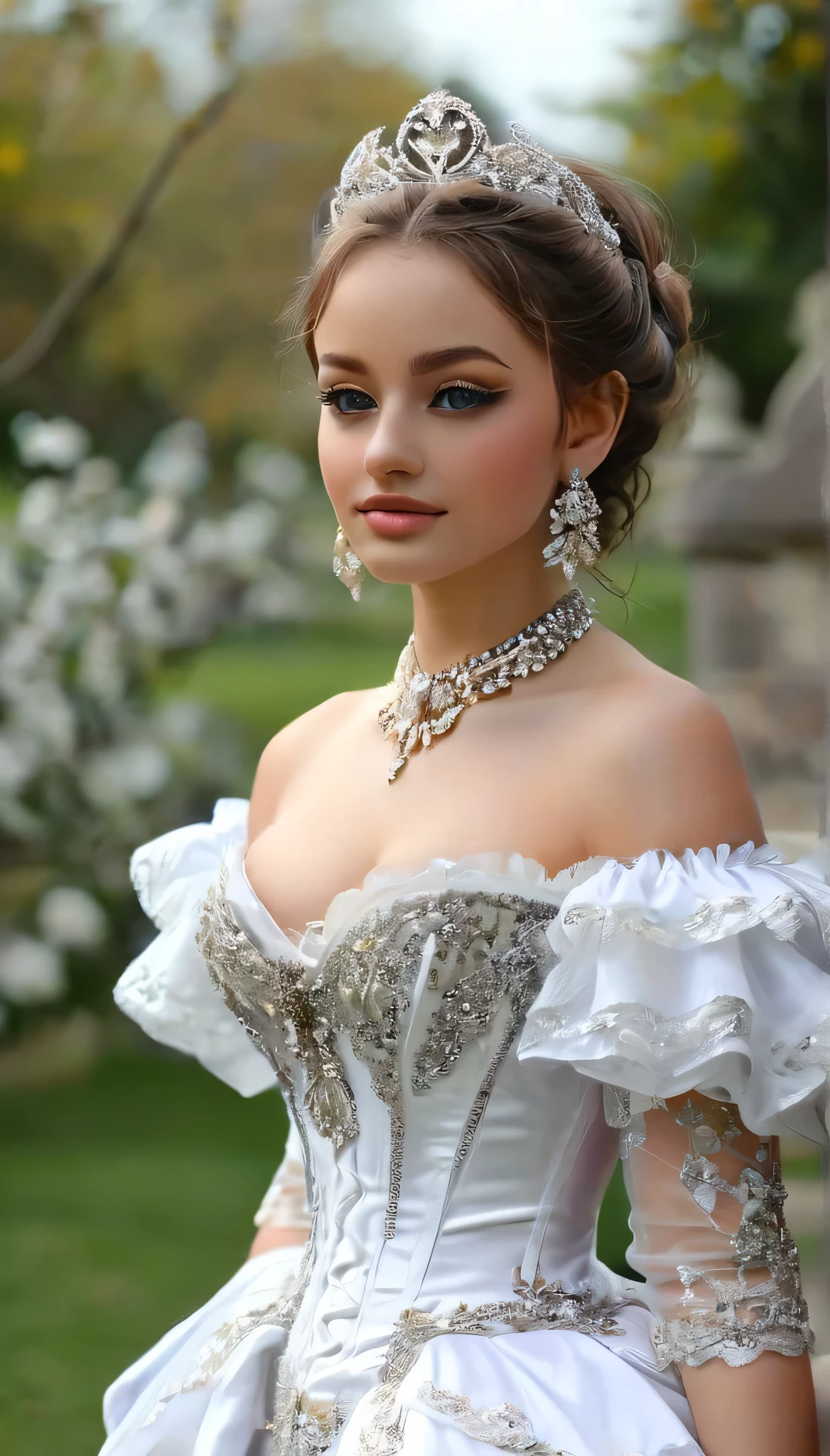 In the mid-16th century, the neckline disappeared and raised collars appeared. Full boy shot, Shoes and fluffy skirts are in fashion; real fashionistas and fashionistas began to use perfume. Later, France begins to dictate fashion again. Laws of beauty appear, and the whole world follows the example of French women. The first editions of style and fashion appear. In the 18th and 19th centuries, fashion included: front sights, wigs, women's corsets, and the Rococo style.full body photography, big breasts, very long eyelashes, long diamond earrings,  big diamond collar,4k,8k,high resolution, very detailed face, pink shiny lipgloss, very long eyelashes, blck maskara,full body shot, full body photography, white high heels, standing in a Park, 