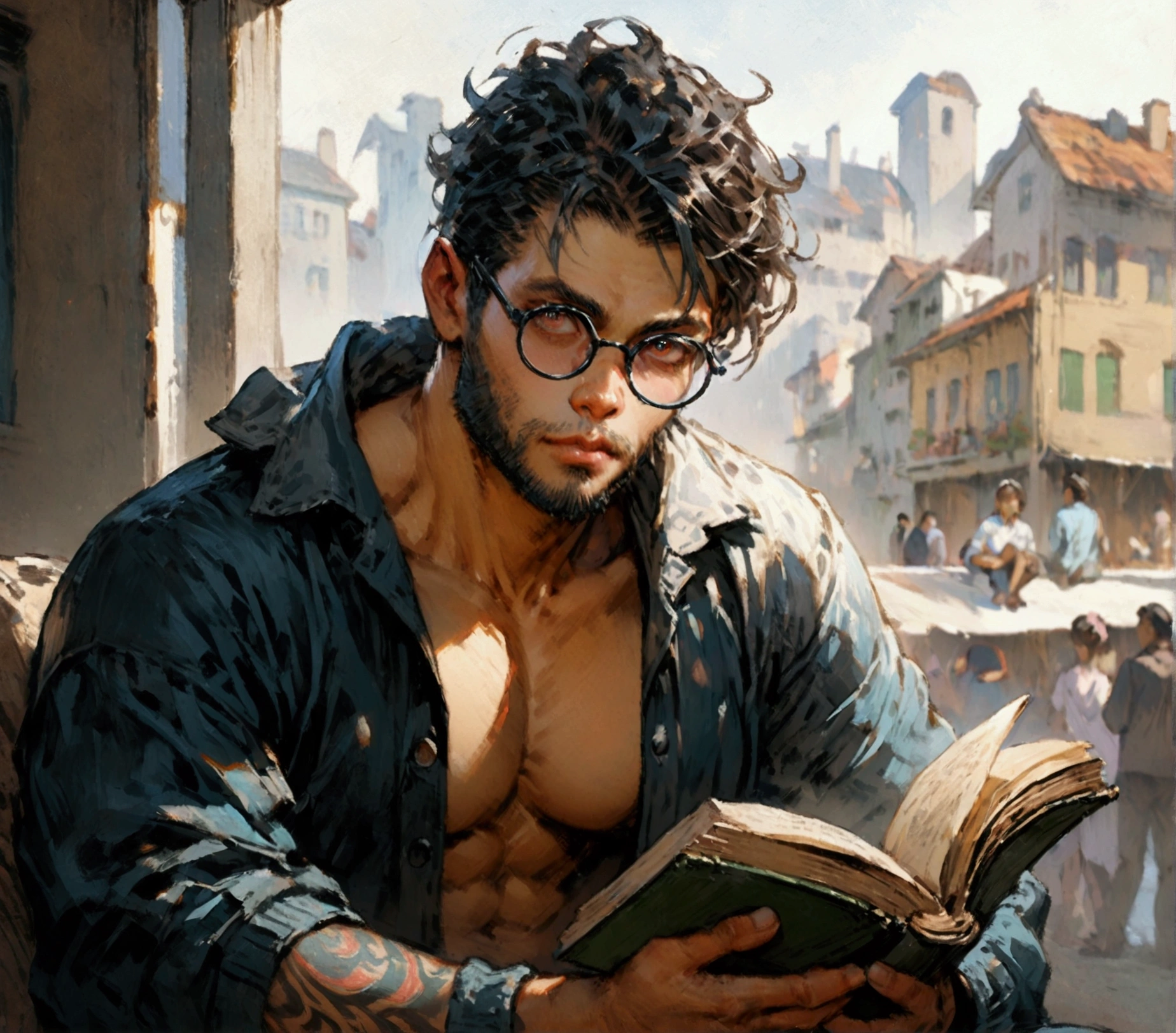 "official art", "Realistic Digital Painting with Concept Art Elements"," digital painting," "concept art," "realistic," , "detailed environment: , "high detail", "detailed face", "high-res", "ominous aura,", "8k resolution", "oil painting", "graded colors", "darker tone" , "little saturation" ,"professionally colored", "detailed features" , "detailed eyes", "full body", "apartment background" , "1man" , "scruffy raven color hair" , "sharp canines" , "attractive" , "muscular" , "sweater/pajamas" , "modern times" , "sitting" , "sexy" , "himbo" , "full body shot" , "holding cigarette in left hand" , "tattooed left arm" , "big man" , "large stature" , "imposing" , "wearing rectangle glasses reading a book"