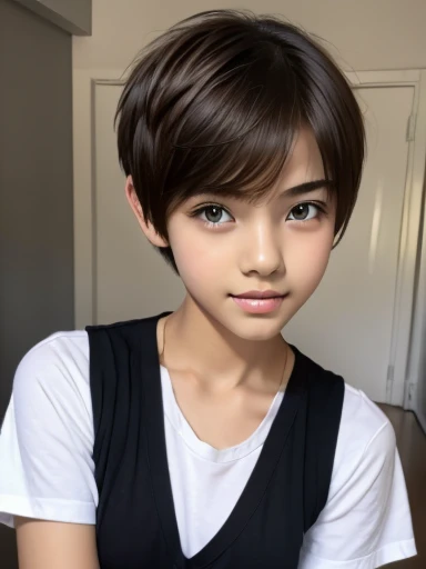 A 13 year old beautiful and slim girl with short hair. Tomboy hair style. Breast can be seen.