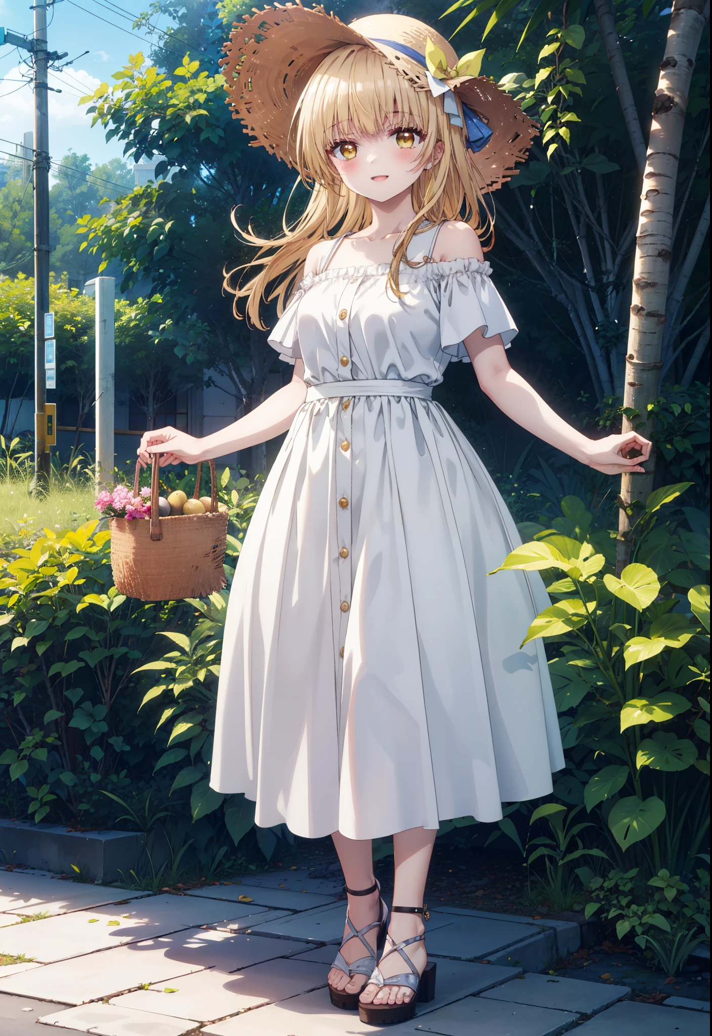 mahirushiina, mahiru shiina, Long Hair, bangs, Blonde, Brown Hair, (Yellow Eyes:1.3),happy smile, smile, Open your mouth,blush, Straw hat,smile,Cold Shoulder Shirt,Short sleeve,Long skirt,Cute heeled sandals,True Summer,Clear skies,Daytime,Palm tree,Hair is fluttering in the wind,whole bodyがイラストに入るように,
break outdoors, tropical,In town,Coastal Road,
break looking at viewer, whole body,
break (masterpiece:1.2), Highest quality, High resolution, unity 8k wallpaper, (figure:0.8), (Beautiful attention to detail:1.6), Highly detailed face, Perfect lighting, Highly detailed CG, (Perfect hands, Perfect ???????),