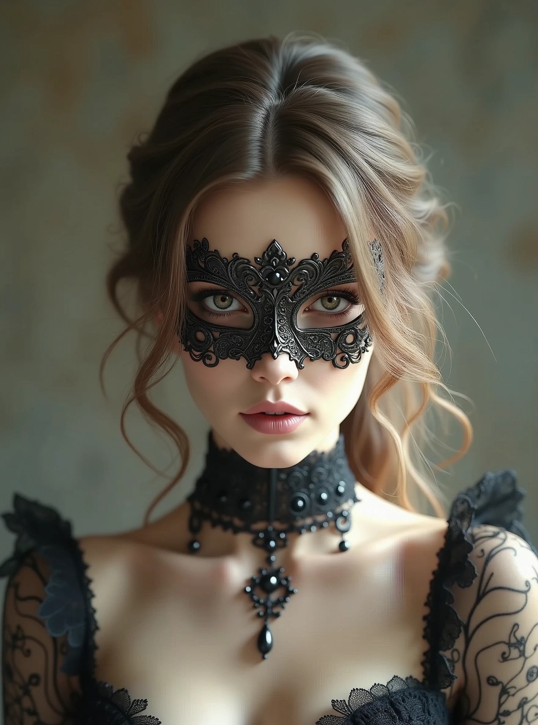 Close-up of masked woman, brown hair, cgsociety contest winner, gothic art, in fantasy formal wear, high quality stock photos of fantasy style, Maxim Sukharev, wearing an intricate black choker