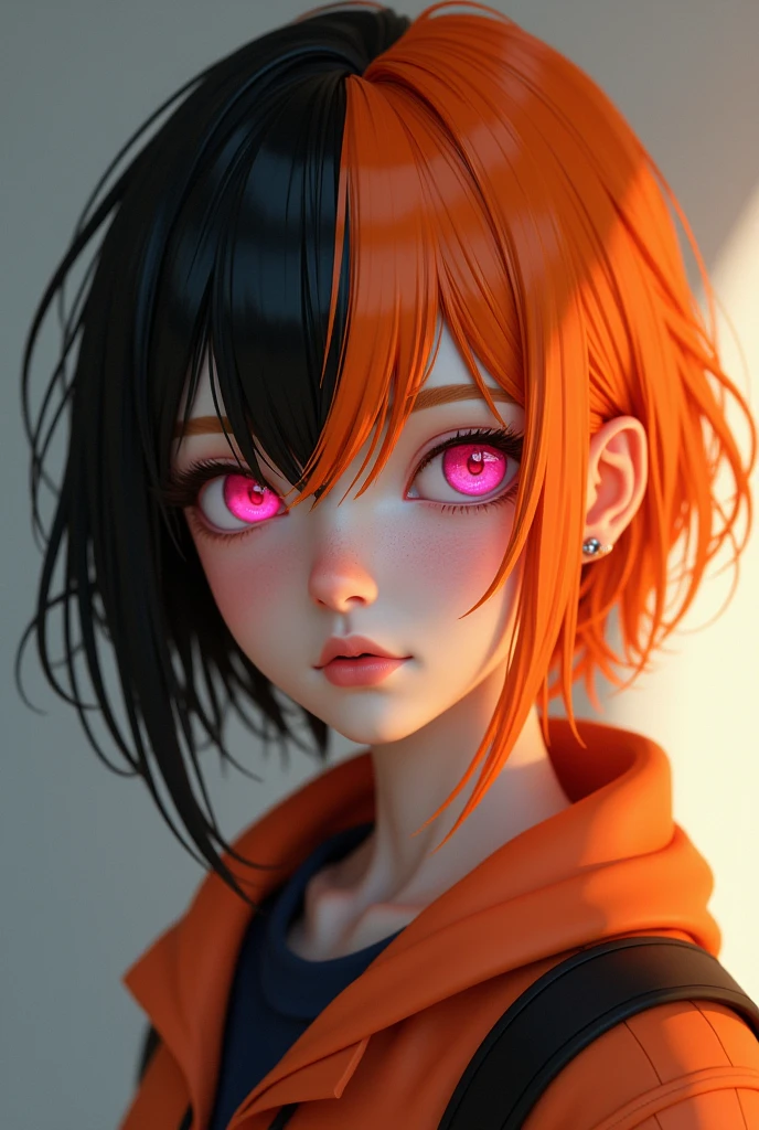 adolescent, orange hair, pink eyes and black lock, realist