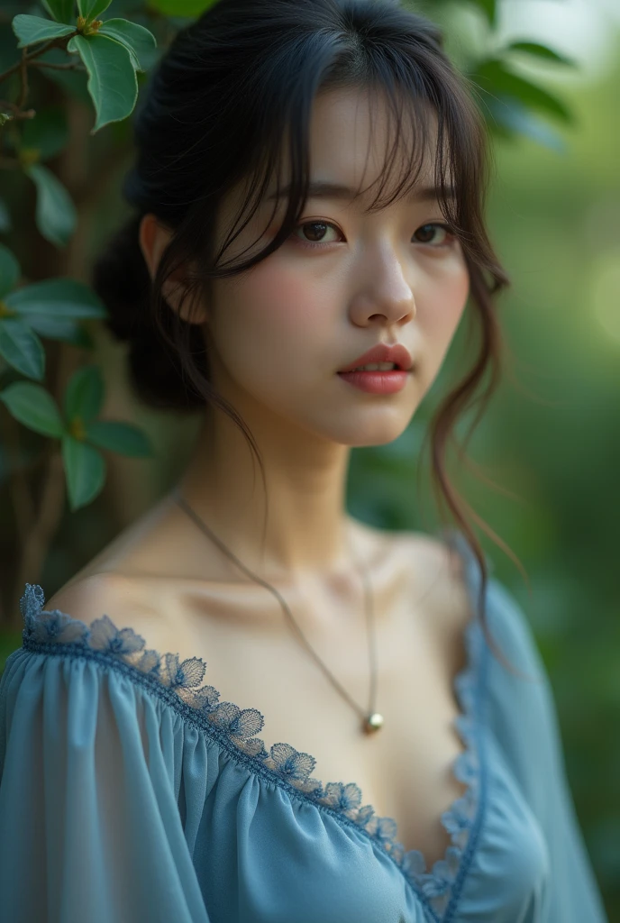 8k, best quality, Medium close-up, (blue kebaya )、(torns clothes kebaya ),(top-quality,masterpiece:1.3,超A high resolution,),(ultra-detailliert,Caustics),(Photorealsitic:1.4,RAW shooting,)Ultra-realistic capture,A highly detailed,high-definition16Kfor human skin, Cute and lovely Korean girl, realistic, ultra detail, photo realistic, Increase quality,
standing in a garden with a scarf, garden, (large breast), (cleavage ), close-up shot, mouth,dark-haired, Messy Updo hair, (depth of fields、chromatic abberation、Wide range of lighting、Natural Shading、)、(Exterior light at night:1.4)、(Hair swaying in the wind:1.2), breast out, topless