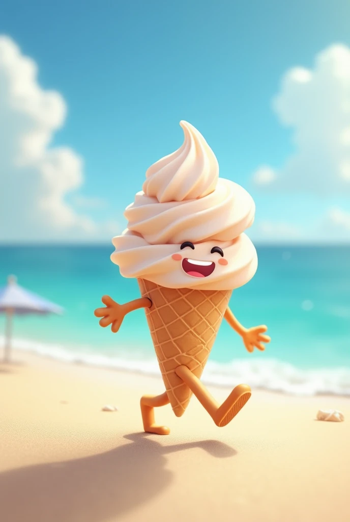 Generate a image of icecream cone or scoop walking on beach with hand and legs of stick figure