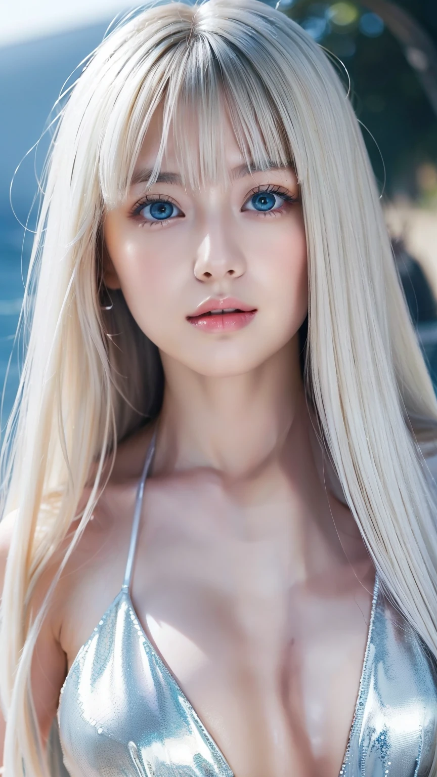 Very beautiful super long straight platinum blonde hair、Beautiful bangs between the eyes、The pieces fly, Highest quality, figure, Extremely detailed, High resolution, 8k wallpaper, Perfect dynamic composition, So beautiful、Large bright light blue eyes with shining detail、Very big eyes, Fitness Wear, Natural color lip,There is in the chest、Cheek gloss highlighter、White skin、Small Face Beauty、Beautiful girl at 22 years old、Round face