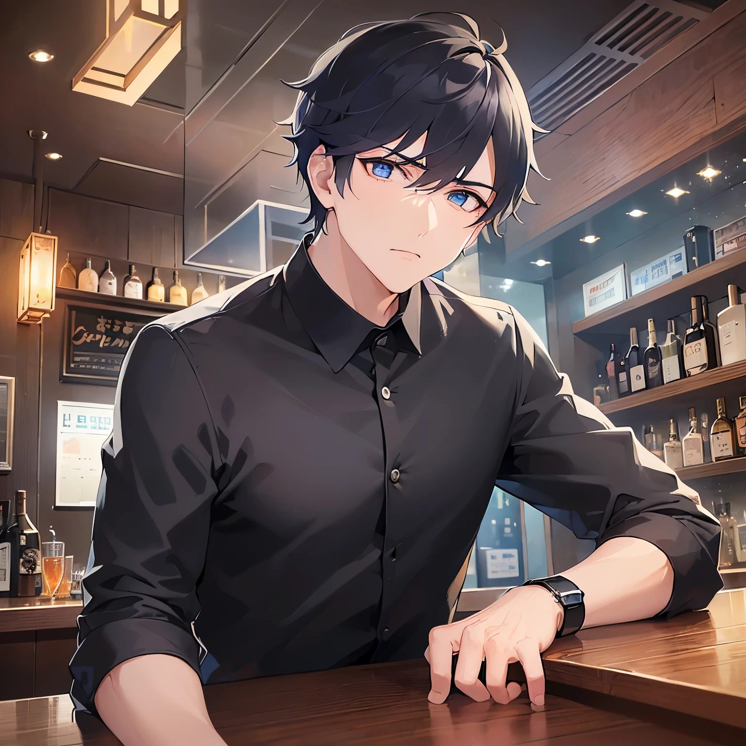 upper body、cheek rest,
shiny skin, masterpiece、Highest quality、
(25-year-old male:1.3) and (Black short hair) and (blue eyes), 
(Black long sleeve shirt：1.5) 
frown、The background is the interior of a bar at night.、(alone:1.5)