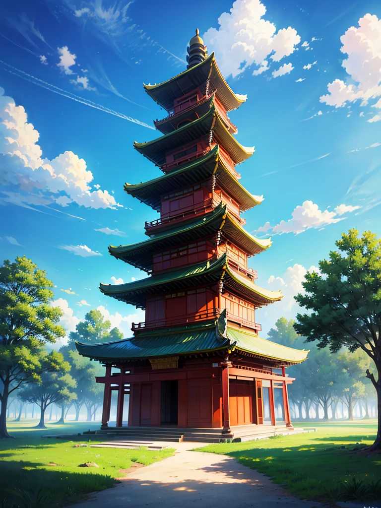 a one story low chinise pagoda with green nature backround, no people. clear blue sky with clouds.