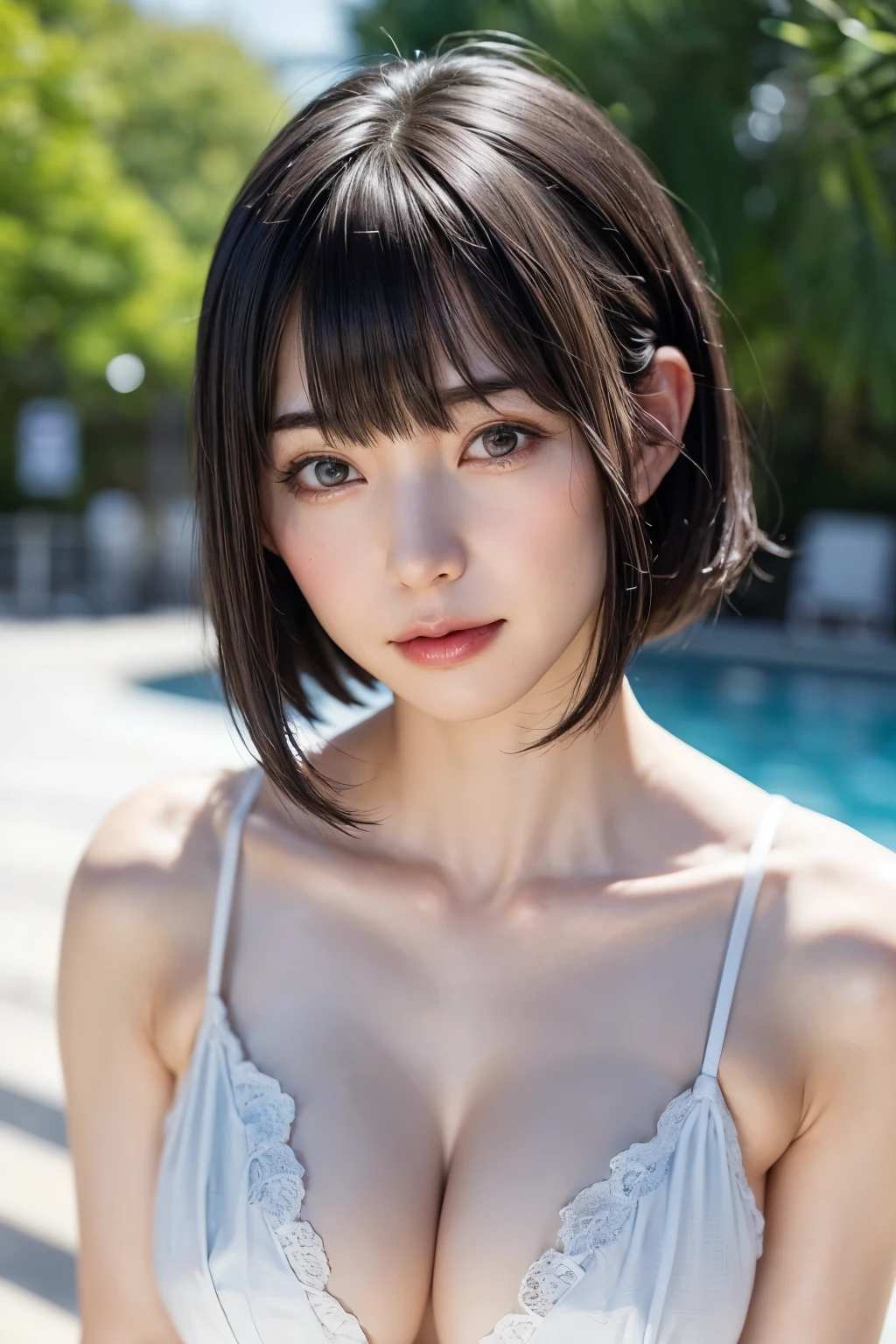 (masterpiece, Highest quality),One Girl, alone, Black-haired,Realisticで全てを詳細に美しく描画する, Have, Realistic, Realistic, Looking at the audience, Light-coloured black eyes, Short brunette bob, Brown coat,, lips, prohibit, Plein Air, Upper Body、Big eyes、Beautiful view of sparkling snow lassi))、(((Short bob hair with bangs:1.4、Shiny Hair、prohibit:1.4、Big eyes、large full chest、Highlights the eyes、Gazing at the audience、Beautiful beauty、Listen carefully、Long neck、Close your mouth and smile、smile、Ideal body type)))、{Huge|big|Hugeな|Mega} chest:2, chestの谷間:2、大きなchestの谷間を見せる