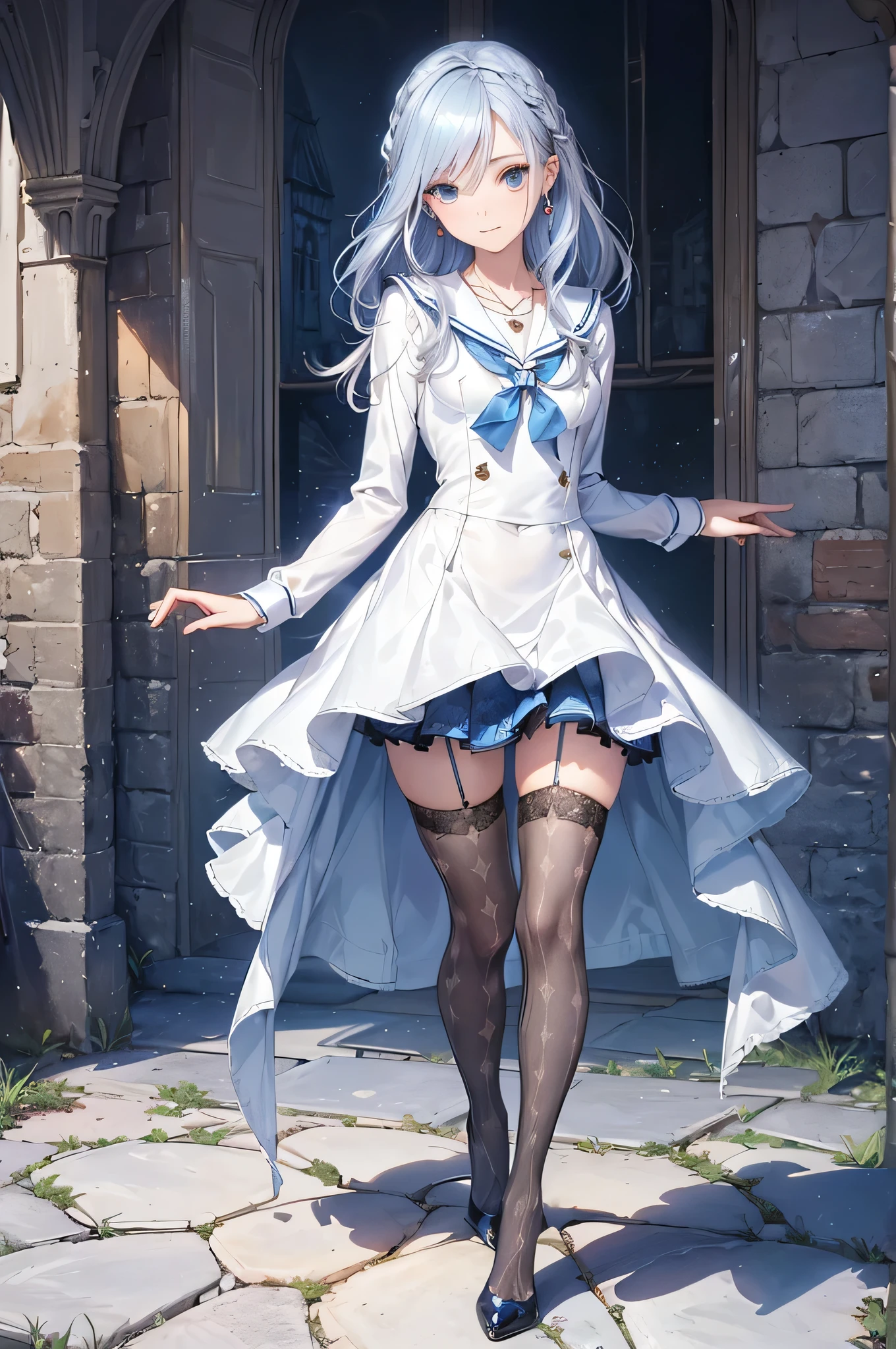((Biologically correct limb count)),(( From head to toe,Full-body photo including face)),4K,((Standing position)),masterpiece,((Focus on the face)),((Symmetrical facial features)),Eyes with detailed description,Beautiful woman,Great style,Beautiful arms,Beautiful legs,Beautiful Hands,(Small Ass,Thin thighs),Facial detailing,Small earrings,necklace,(Sailor suit,mini skirt((High heels,Patterned stockings))),((Standing in front of an old castle in the daytime sun, looking up)),Silk gloves,(((Blue and silver hair))),Realistic photo