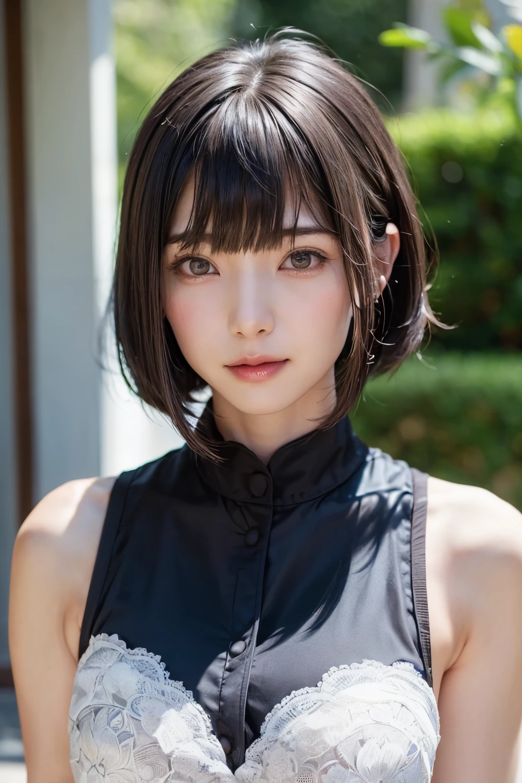 (masterpiece, Highest quality),One Girl, alone, Black-haired,Realisticで全てを詳細に美しく描画する, Have, Realistic, Realistic, Looking at the audience, Light-coloured black eyes, Short brunette bob, Brown coat,, lips, prohibit, Plein Air, Upper Body、Big eyes、Beautiful view of sparkling snow lassi))、(((Short bob hair with bangs:1.4、Shiny Hair、prohibit:1.4、Big eyes、large full chest、Highlights the eyes、Gazing at the audience、Beautiful beauty、Listen carefully、Long neck、Close your mouth and smile、smile、Ideal body type)))、{Huge|big|Hugeな|Mega} chest:2, chestの谷間:2、大きなchestの谷間を見せる