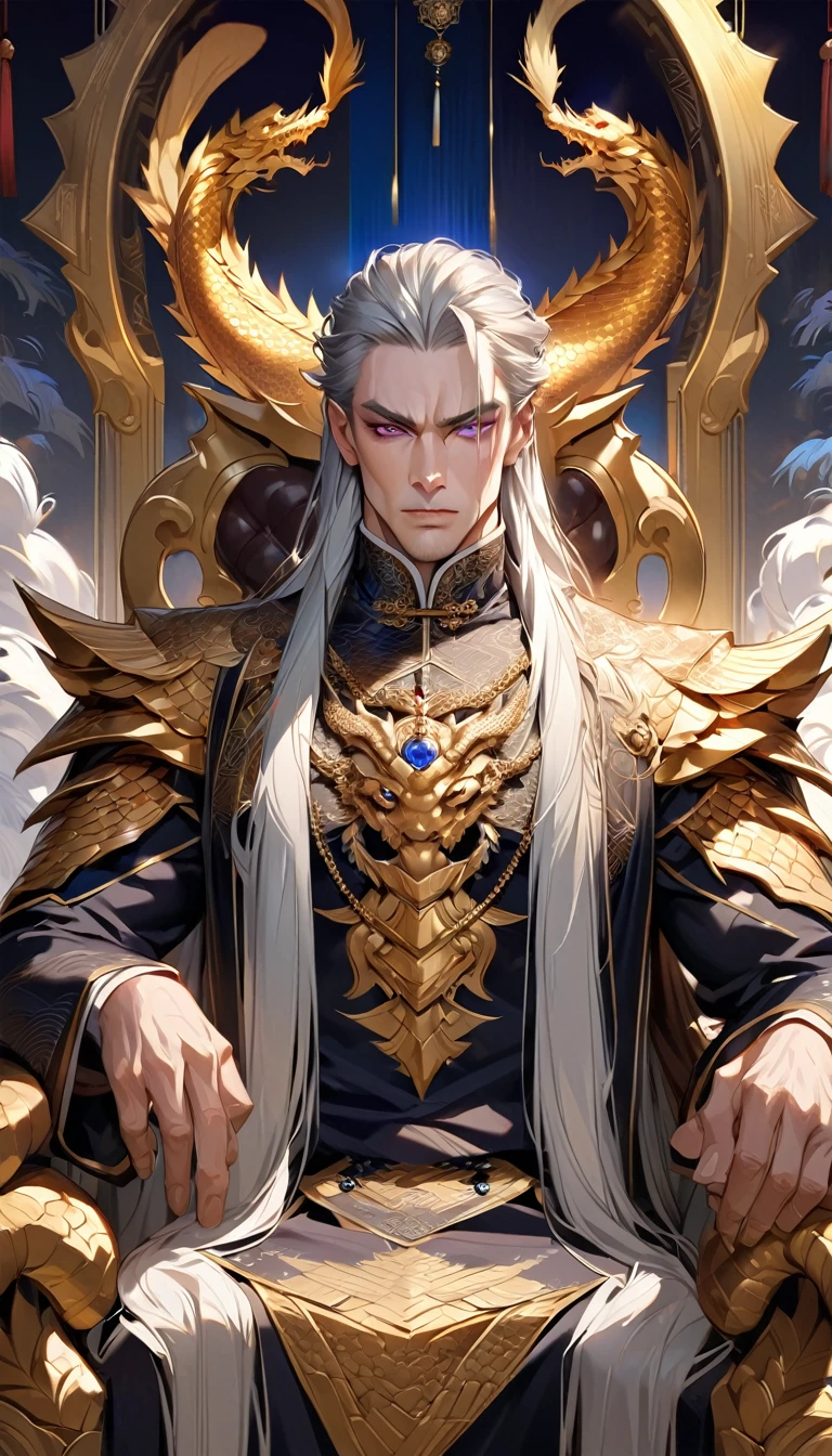 (art: 1.2), (best quality: 1.2) 1 man, mature, tall (2.00 cm), appears to be around 35 years old, has long silver-white hair, straight and shiny, with eyes of two different colors: the right eye is blue like ice, the left eye is pink, extremely detailed eyes, perfect eyes, extremely realistic eyes, well-aligned eyes, long eyelashes, anime style, perfect face, serious and majestic face, mature, fair skin, natural and balanced body, perfect hands, detailed hands, hands well-proportioned to the body, realistic hands, arms with good anatomy, wearing an emperor’s Chinese attire decorated with gold and silver, featuring dragon patterns that look very beautiful and luxurious, sitting on a golden chair with dragon carvings symbolizing leadership, detailed drawing of the chair, with a spectral image of a long Eastern dragon with intertwined purple and gold scales behind him, looking at the viewer, background scene is a Chinese-style pavilion hall, posing alone, looking at the viewer.