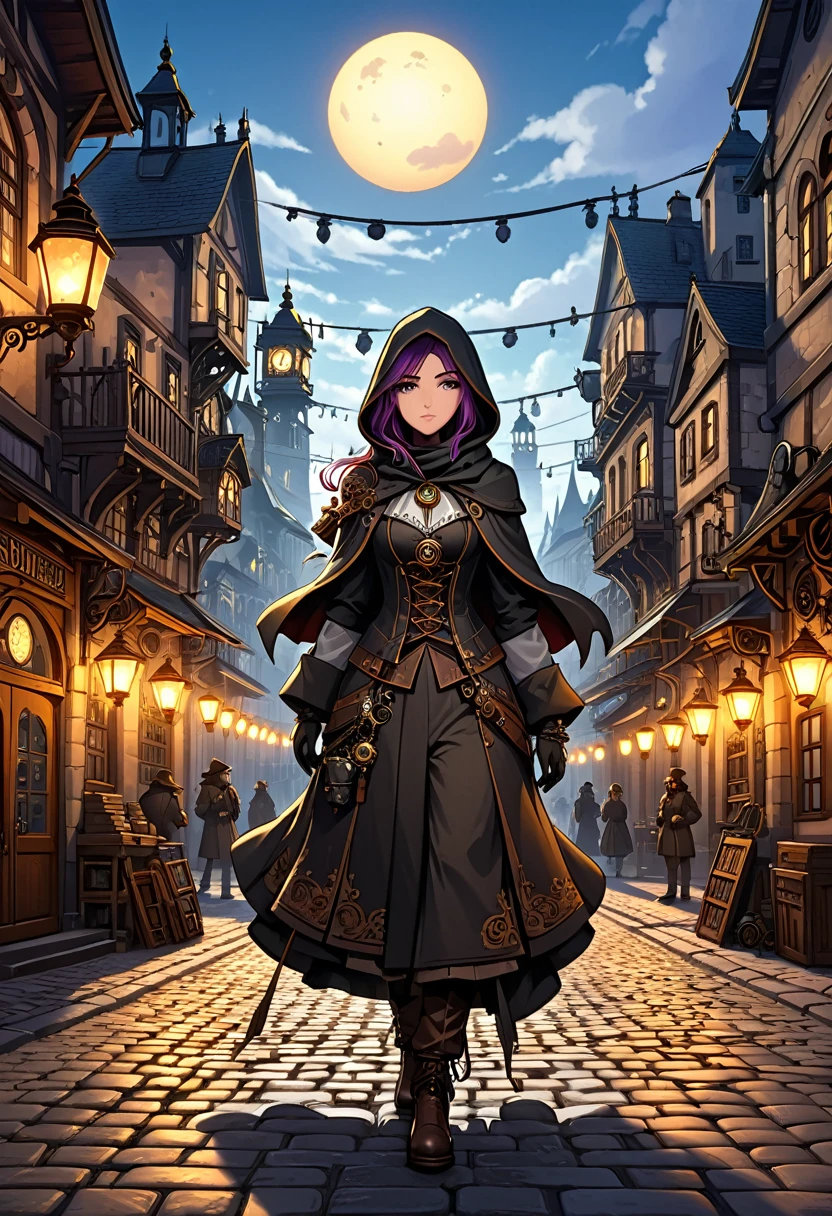 IIn a twilight town square, as the sun sets, casting long shadows across cobblestone streets, a hooded figure stands in the center. Their face is obscured by a veil made of intricate gears and wires, giving a steampunk feel. The scene includes detailed cobblestones, with lanterns or streetlights hinting at the approaching night, and simple background buildings. The illustration should feature black outlines with white fill, emphasizing the intricate gears and shadows for a captivating coloring experience.