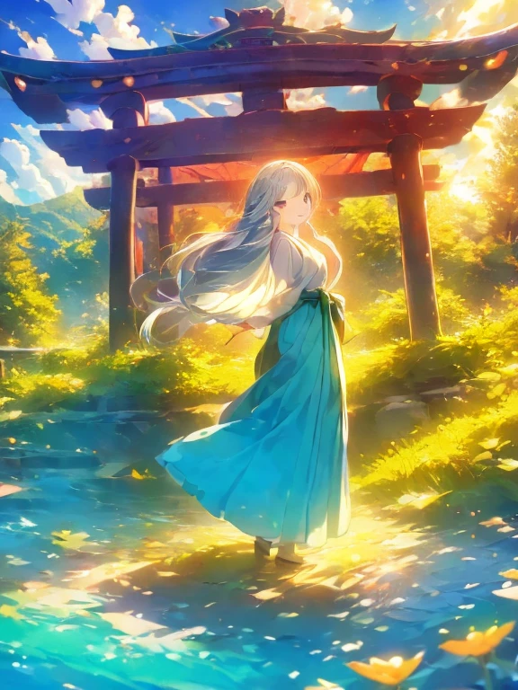 ((Highest quality)), ((masterpiece))、Small breasts are justice、background（Magnificent View）、View from afar、Multiple people、Two women、Two shrine maidens、Dance、prayer、Uplifting、Guidance、(Blue and silver long hair、Blue-green eyes)、(Scarlet long hair、Orange eyes)、Miko costume、Hakama、morning haze、shrine、anime