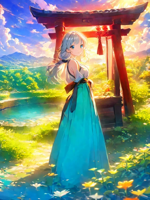 ((Highest quality)), ((masterpiece))、Small breasts are justice、background(Magnificent View)、View from afar、Multiple people、Two women、Two shrine maidens、Dance、prayer、Uplifting、Guidance、(Blue and silver long hair、Blue-green eyes)、(Scarlet long hair、Orange eyes)、Miko costume、Hakama、morning haze、shrine、anime