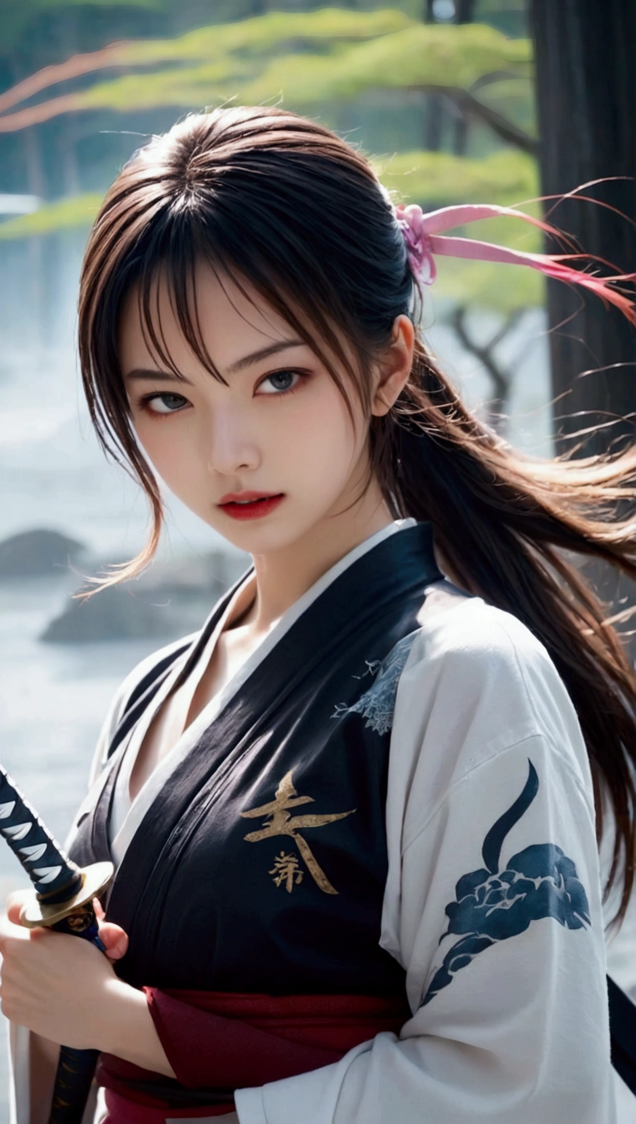 (Japanese sword &reference;Muramasa 2&reference;.2)Beautiful 27 year old woman、Japanese women、Tie your hair back、Hair ornament artist、Shinobi Costume、Warrior、Clear Eyes、{Arm tattoo(SakuraFubuki}'Back Tattoo、Warrior、(Japanese swordを両手で構える、1.3)(Japanese sword1.2)Intermediate position、In front of the body、(Sword held horizontally 1.3)、whole body、Long Blade Sword、Realistic battle scenes、敵Warriorの返りBlood、Blood、High resolution、Highest quality、Very detailed、8k、background、The castle is burning、Sparks fly、