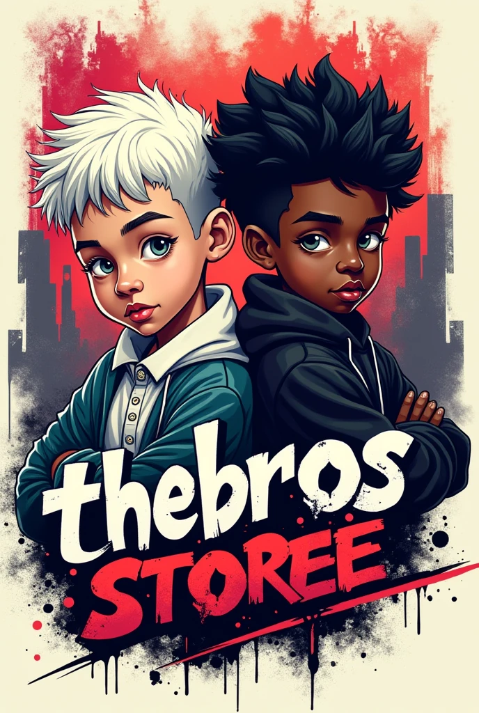 Make a logo for a profile picture that has two boys, One white and one black, graffiti style, and in the middle it says “thebros”_storee” with futuristic letters
